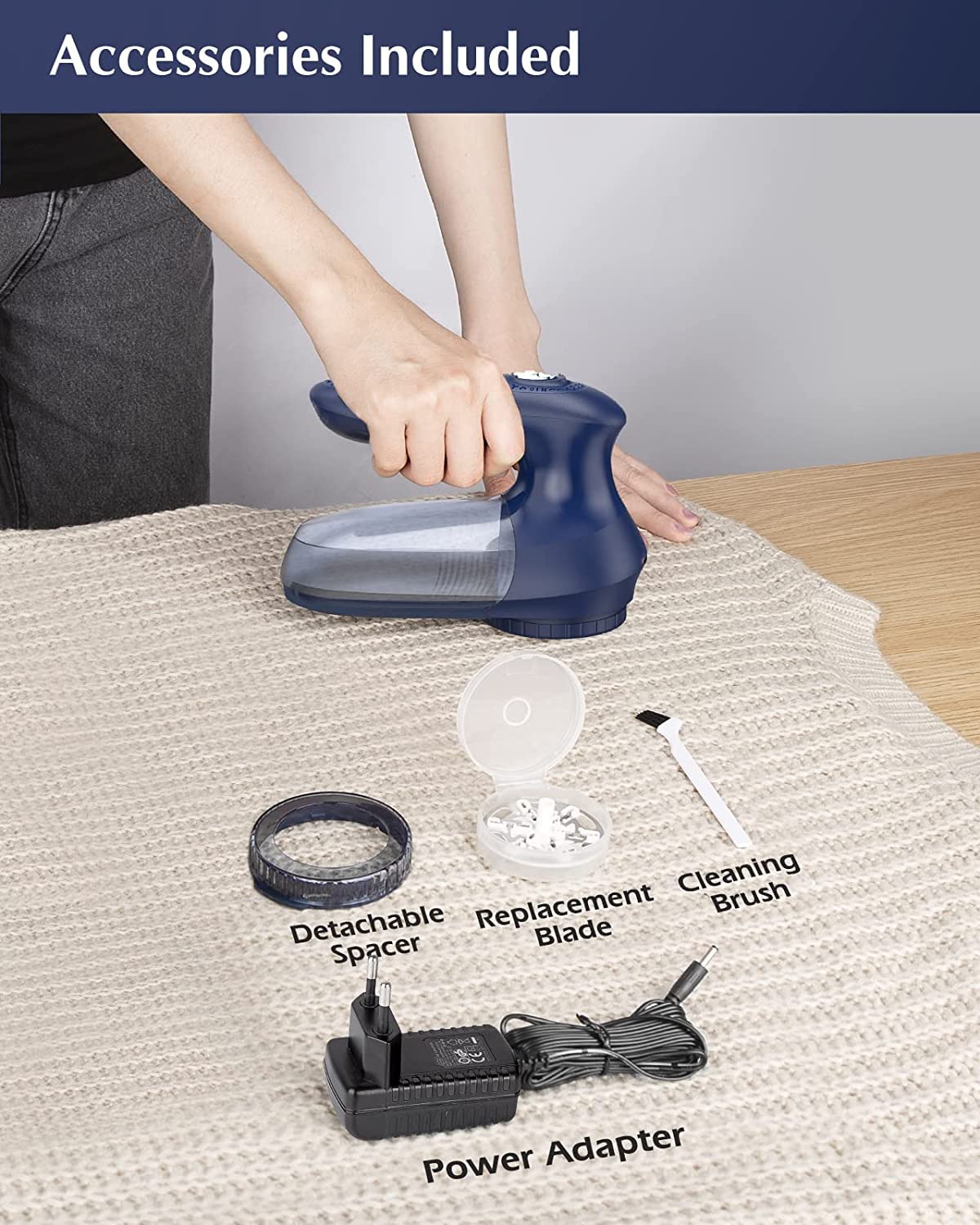 BEAUTURAL Sweater Fabric Shaver Home-Edition, Powerful & Efficient Lint Remover for Clothes and Furniture, AC Adapter or Battery Powered Pill Fuzz Remover Dark Blue