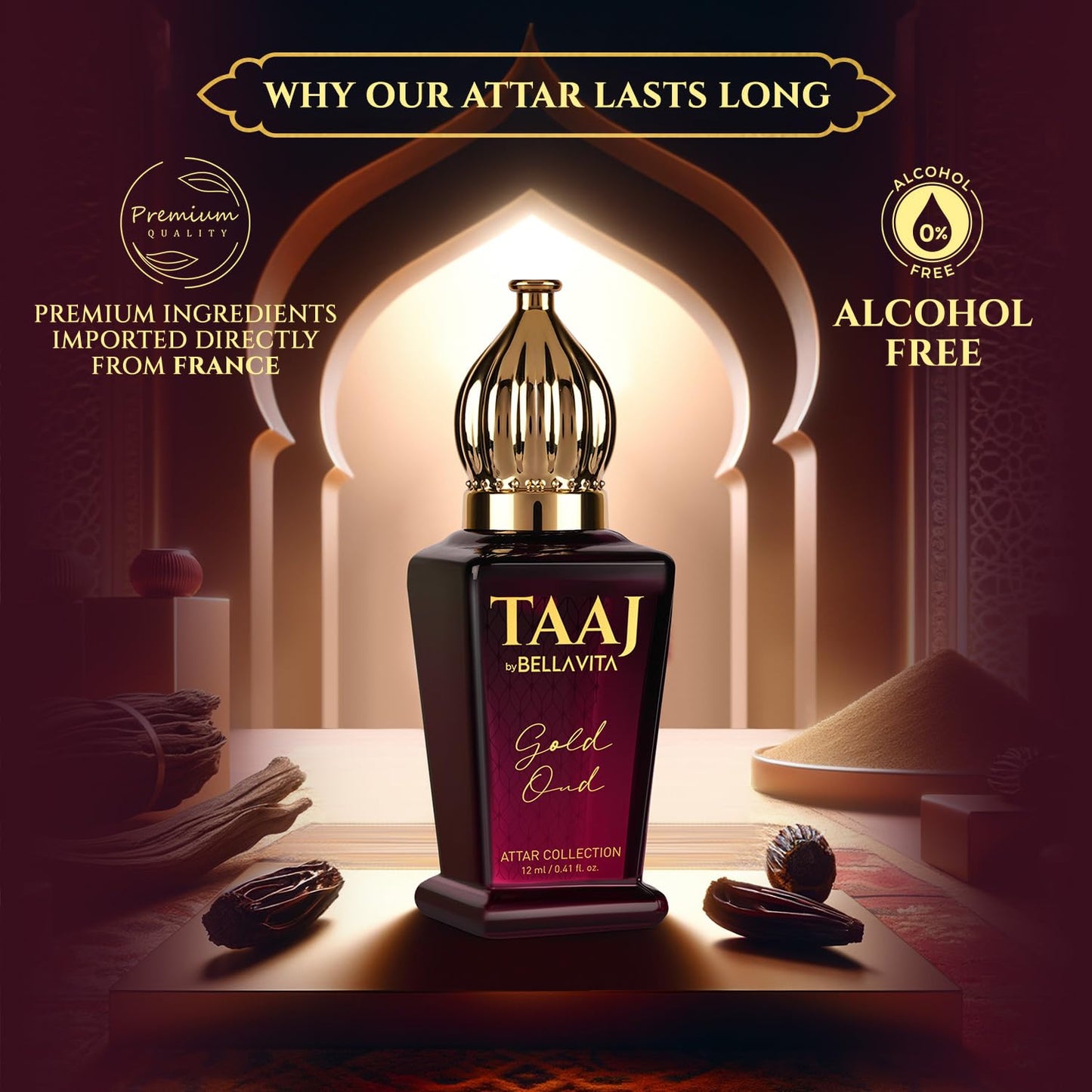 Bella Vita Luxury TAAJ Gold Oud Attar with Caramel, Rose, Jasmine & Orris for Men and Women, Non-Alcoholic Roll On, Long Lasting Fragrance, 12 ML