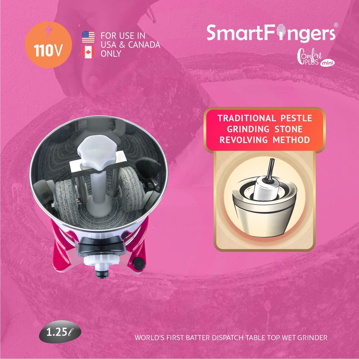 SmartFingers Stainless Steel Comfort Plus Table Top Magic Wet Grinder 110V 60Hz (1.25 L) For Usa Canada And Japan Only, Pink