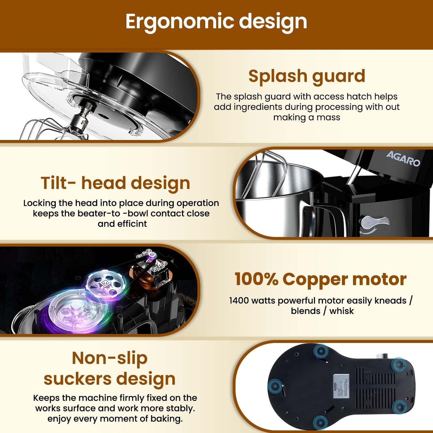 AGARO Imperial Stand Mixer,1400W with 6L SS Bowl, 1.5L Blending Jar,10 Speed With Pulse Function, 100% Copper Motor, Includes Blending Jar, Whisker, Beater, Dough Hook, Egg White Separator, Black