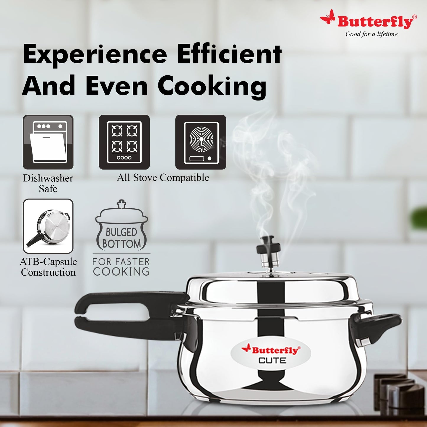 Butterfly Cute Ss Induction Compatible Outer Lid Stainless Steel Pressure Cooker With Glass Lid 3 liter, Silver