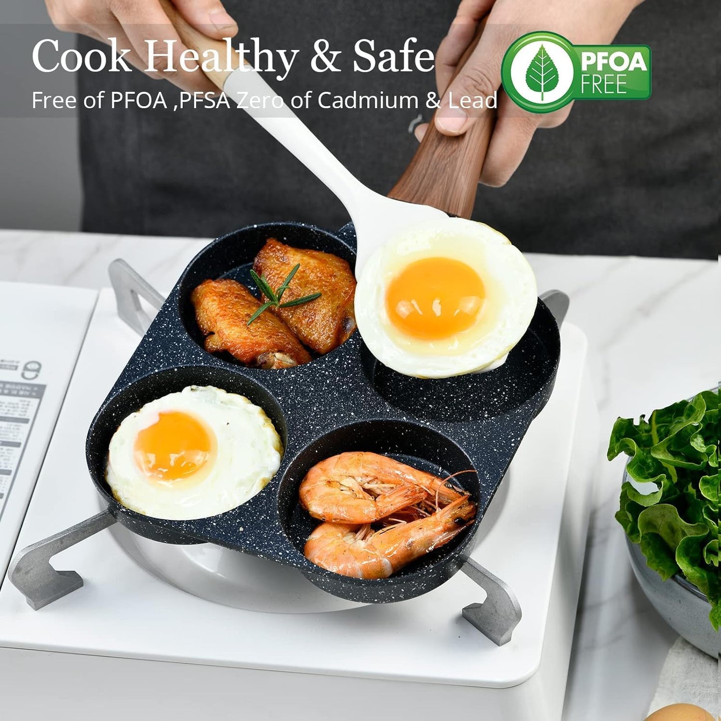 Cannagenix 4 Cups Egg Pan Omelette Pan Frying Pan Egg Frying Pan 4 Cup Crepe Pan Granite Egg Cooker Breakfast Pancakes Pan Suitable for Gas Stove & Induction Cookware (Wood Grain Handle)