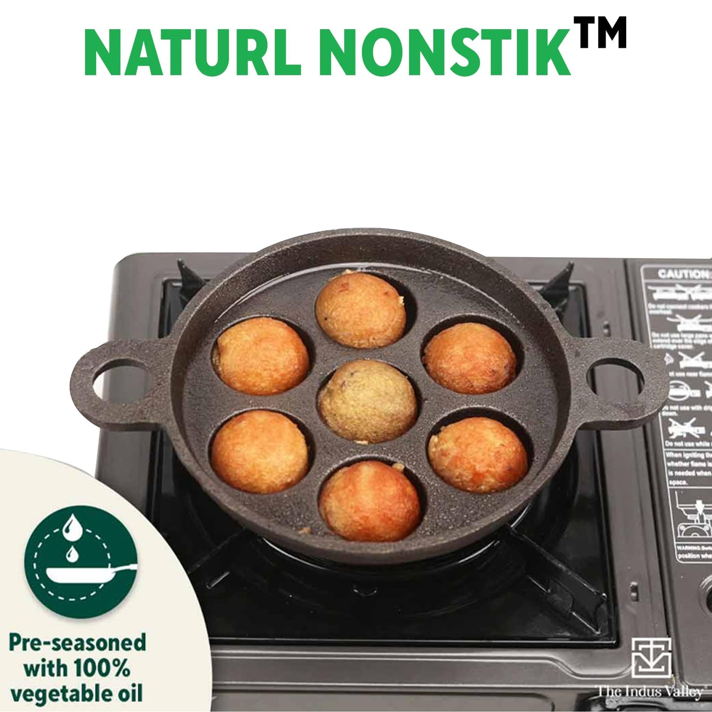 The Indus Valley Super Smooth Cast Iron Paniyaram Pan | 7Pit, 19Cm/7.4 Inch, 2.2Kg | Induction Friendly | Nonstick, Pre-Seasoned Appe/Paddu Pan, 100% Pure & Toxin-Free, No Chemical Coating - Black