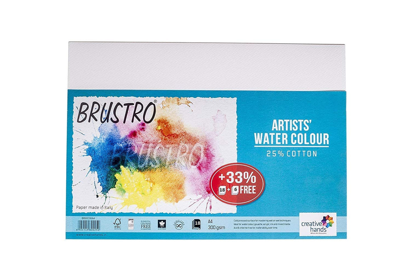 Brustro Artists' Watercolour Paper 300 GSM A4 - 25%cotton, Cold Pressed , Contains 18 + 6 Sheets Free