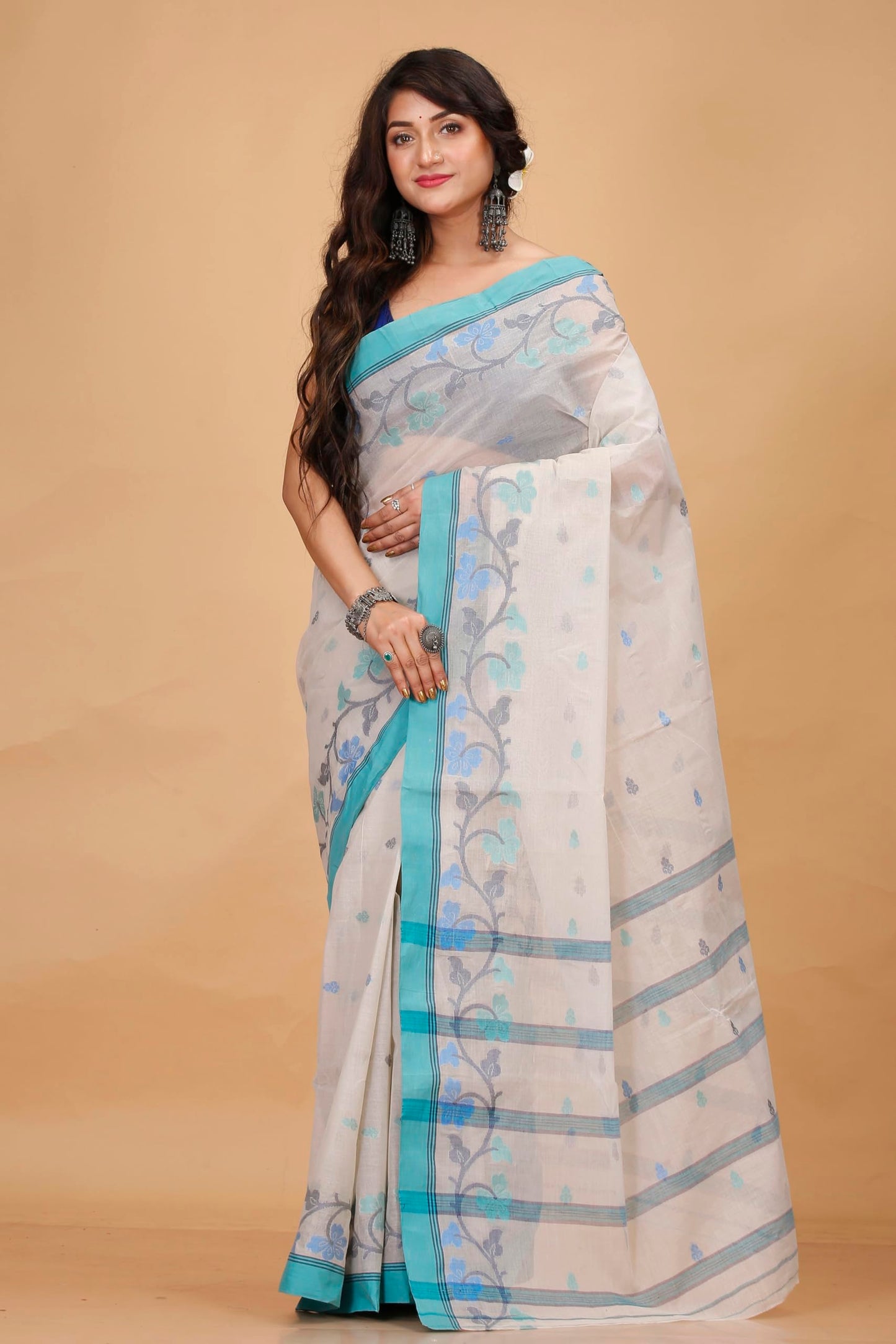 Tant Story Women's Traditional Bengal Trending Tant Handloom Pure Cotton Tangail Saree without Blouse Piece (Off White)