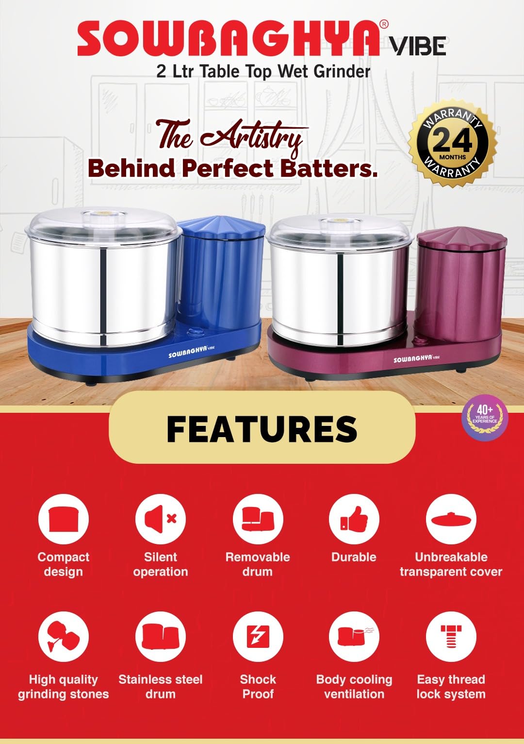 Sowbaghya Vibe 2Ltr Table Top Wet Grinder(Metallic Pink) | Heavy Duty Motor | Ideal for Your Kitchen | 2Ltr Wet Grinder for All Kinds of Batter for South Indian Dishes