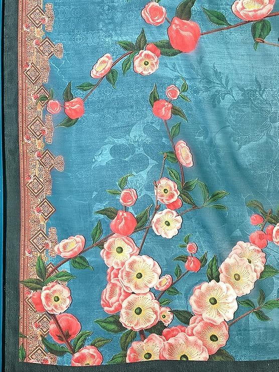 Shopgarb Women's Elegant Digital Floral Printed Sari with Blouse (SH-22 -Green-Designer-Floral-Party-Wedding-Saree, Free Size)