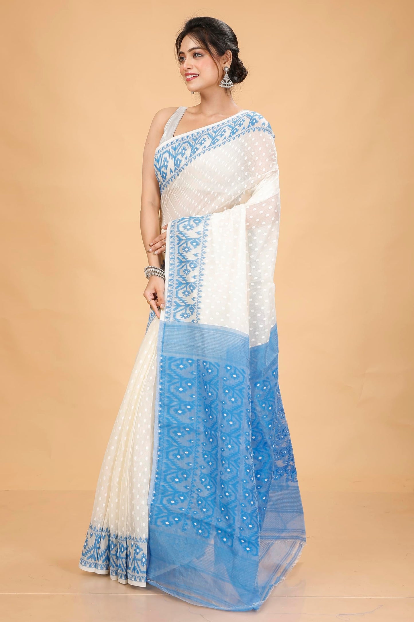 Tant Vastra Women’s Soft Resham Dhakai Ball Work Jamdani Saree without Starch And Without Blouse Piece (Steel) (White-Light Blue)