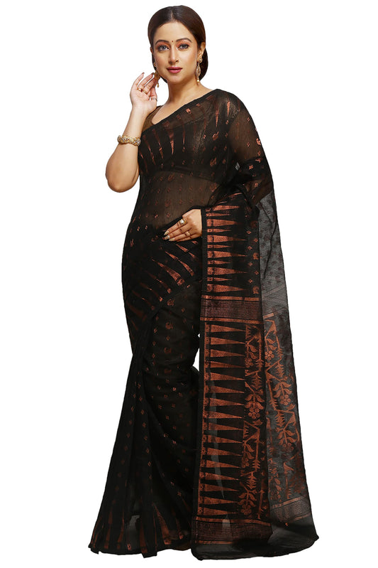 WoodenTant women’s cotton silk dhakai jamdani saree without blouse piece_Black