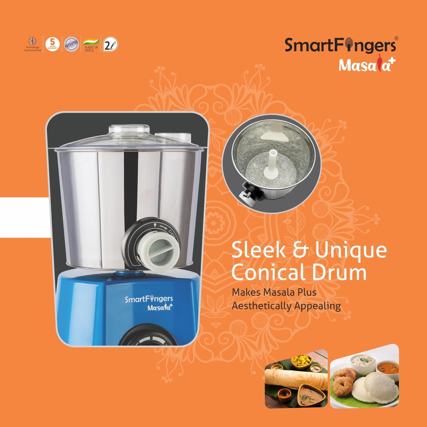 SmartFingers Masala + Table Top Masala Wet Grinder 230V 50hz, 2 Liter, Blue