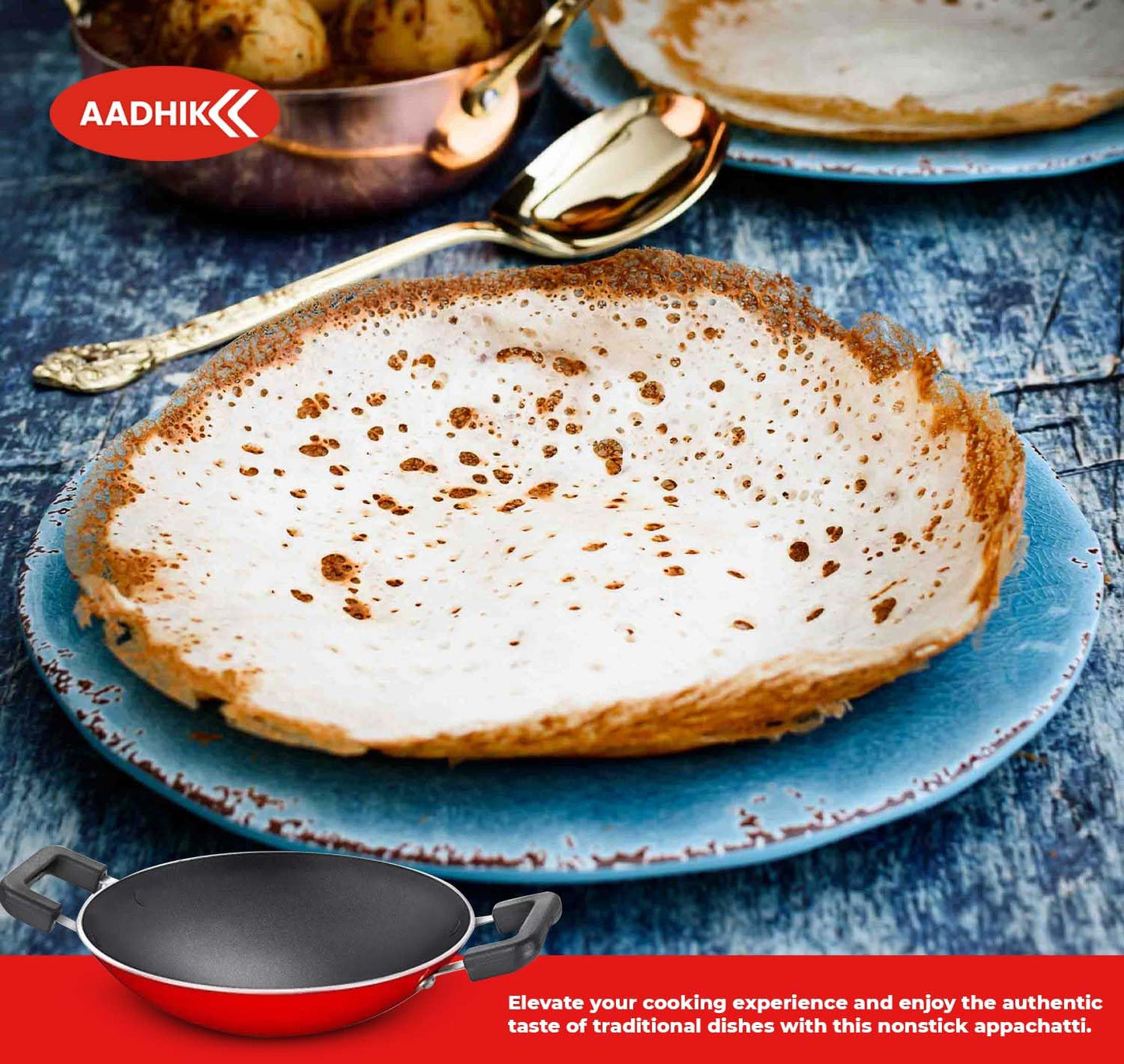 AADHIK Non-Stick Appa Chetty, Aluminium Appachatty, 23cm Diameter, 2.6mm Appachatti, Gas Compatible, Red