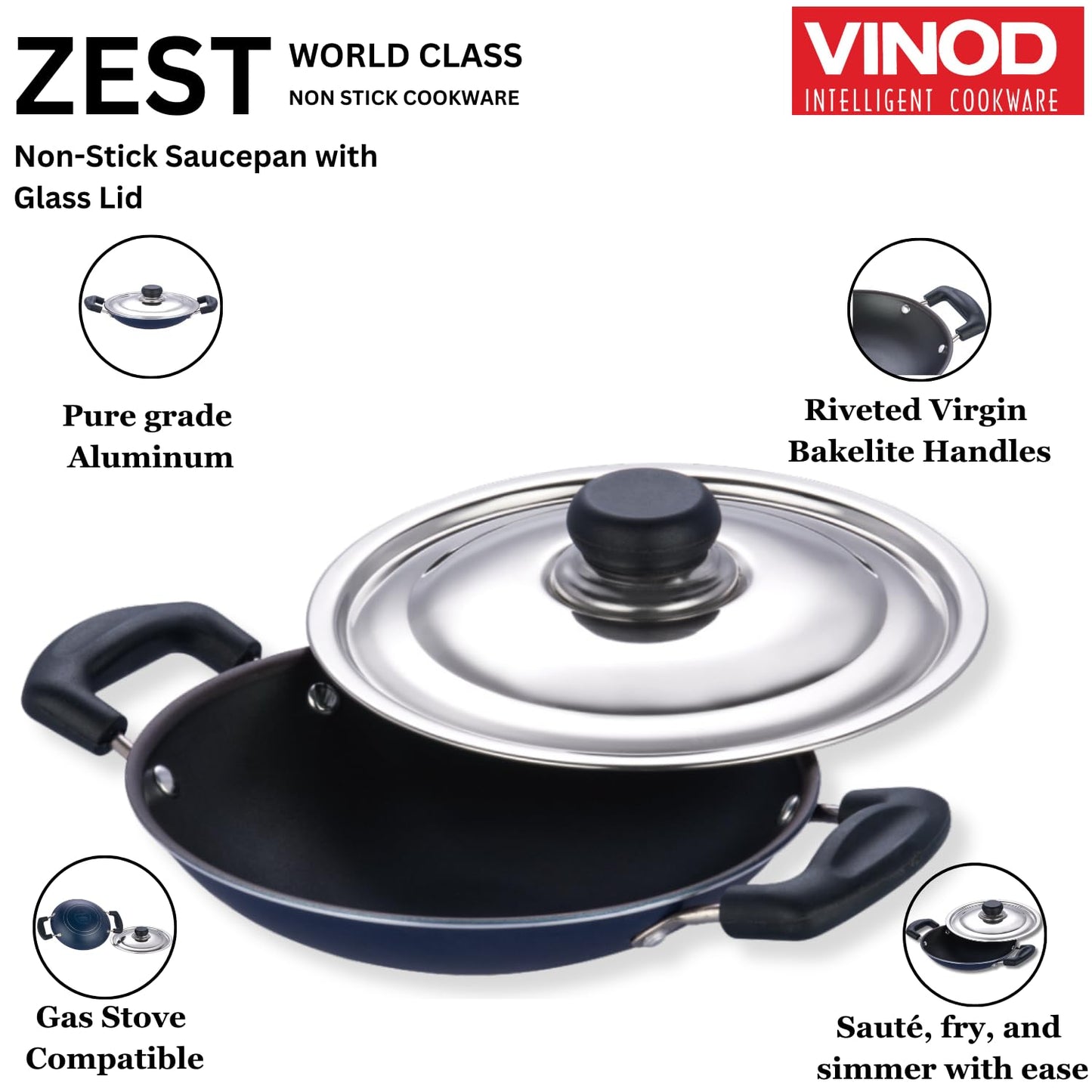 Vinod Zest Non Stick Appachetty with Lid - 20 cm| Appam Pan | 3 mm Extra Thick | 3 Layer Coating | Metal Spoon Friendly | Bakelite Handle | Gas Base | 1 Year Warranty - Blue