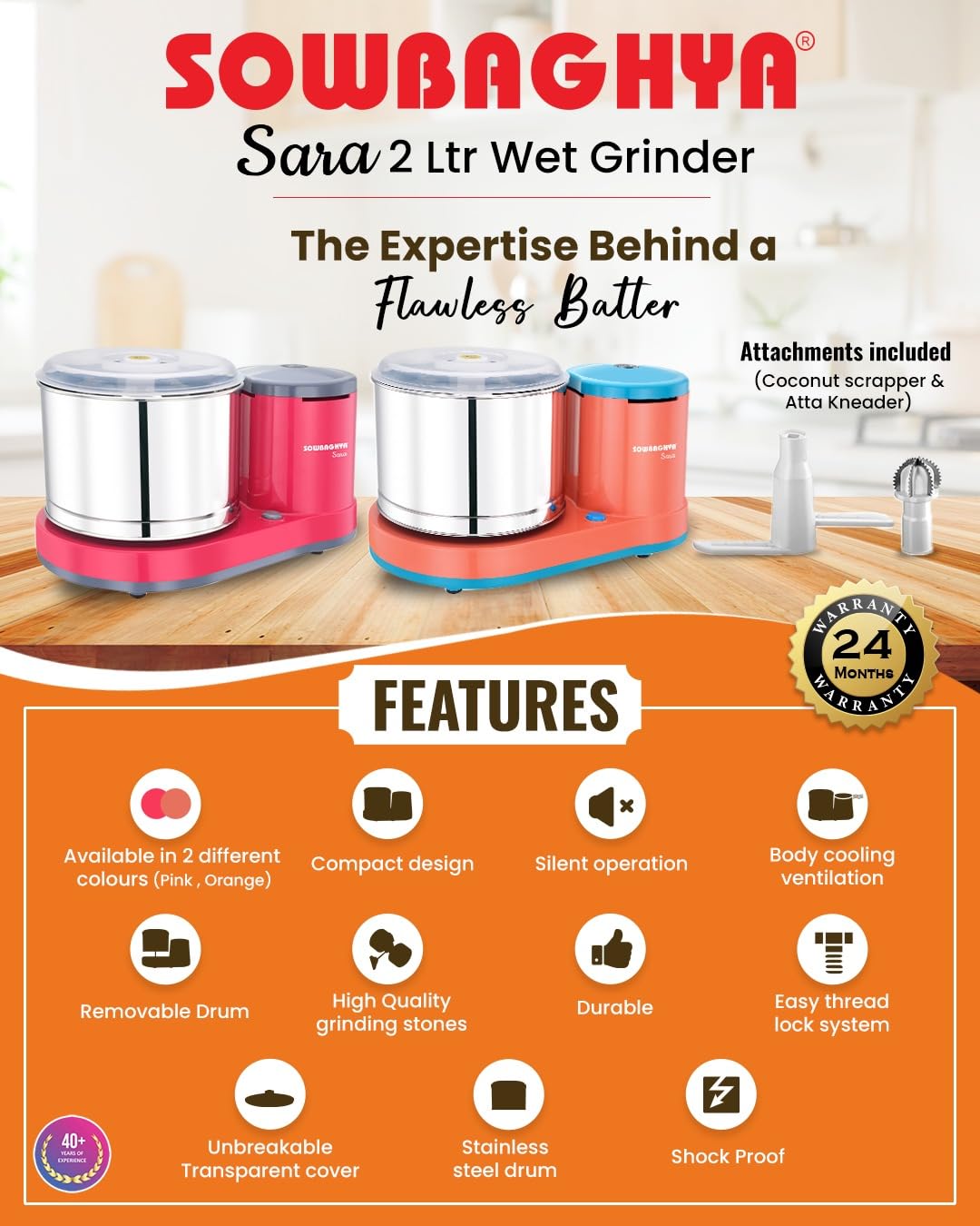 Sowbaghya Sara 2Ltr Table Top Wet Grinder with Coconut Scrapper & Atta Kneader (Pink) | Heavy Duty Motor | Ideal for Your Kitchen | 2Ltr Wet Grinder for All Kinds of Batter for South Indian Dishes