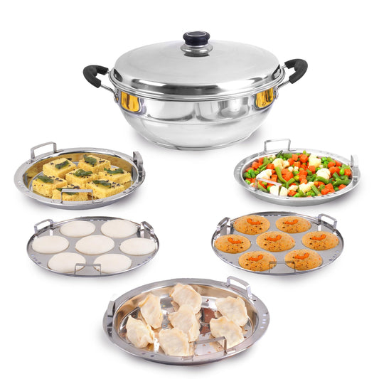The Indus Valley Stainless Steel Idli Maker/Momo Maker/Multi Kadai/Steamer Set | Large, 5 Plates, 2 Idli | 2 Dhokla | 1 Steamer | 29cm/11.3 inch, 4.2Ltr, 2.5kg | 3-Layer Thick Bottom | Induction friendly