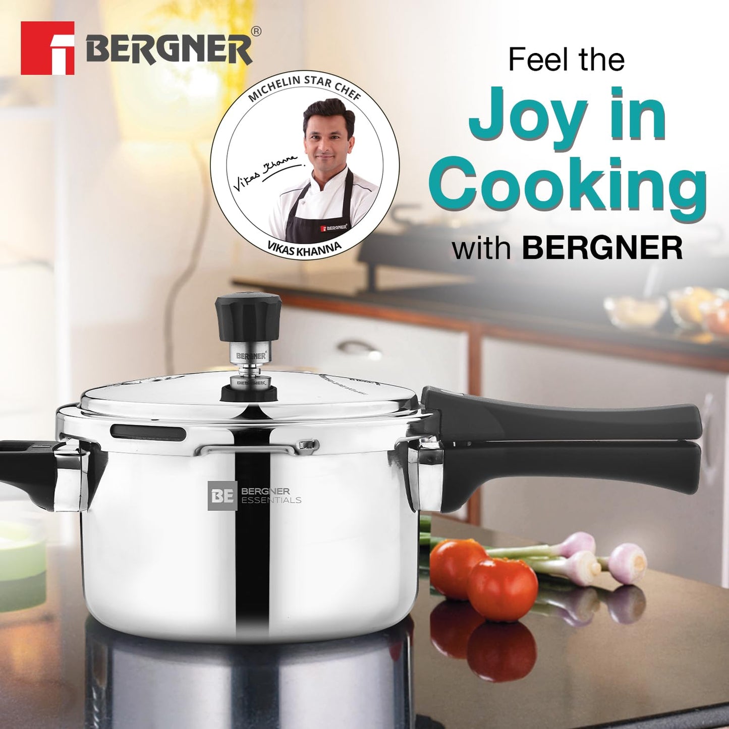 Bergner BE Bergner Essentials Tripro Triply Stainless Steel 3 Liters Outer Lid Pressure Cooker, Faster and Even Heating, Healthy Cooking, Easy to Clean, Full Induction Bottom and Gas Stove Ready