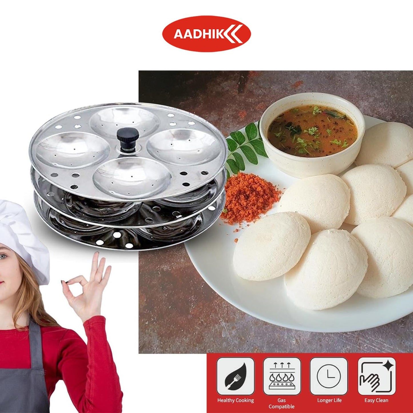 AADHIK Stainless Steel Non-Stick Idli Plates Idli Maker| Idli Stand with Holes for Pressure Cooker, 3 Plate