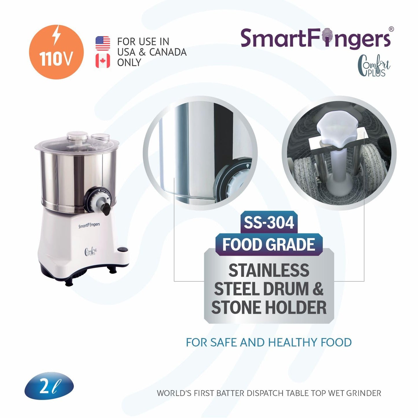 SmartFingers Stainless Steel Comfort Plus Table Top Magic Wet Grinder 110V 60Hz (2 L) For Usa Canada And Japan Only, White