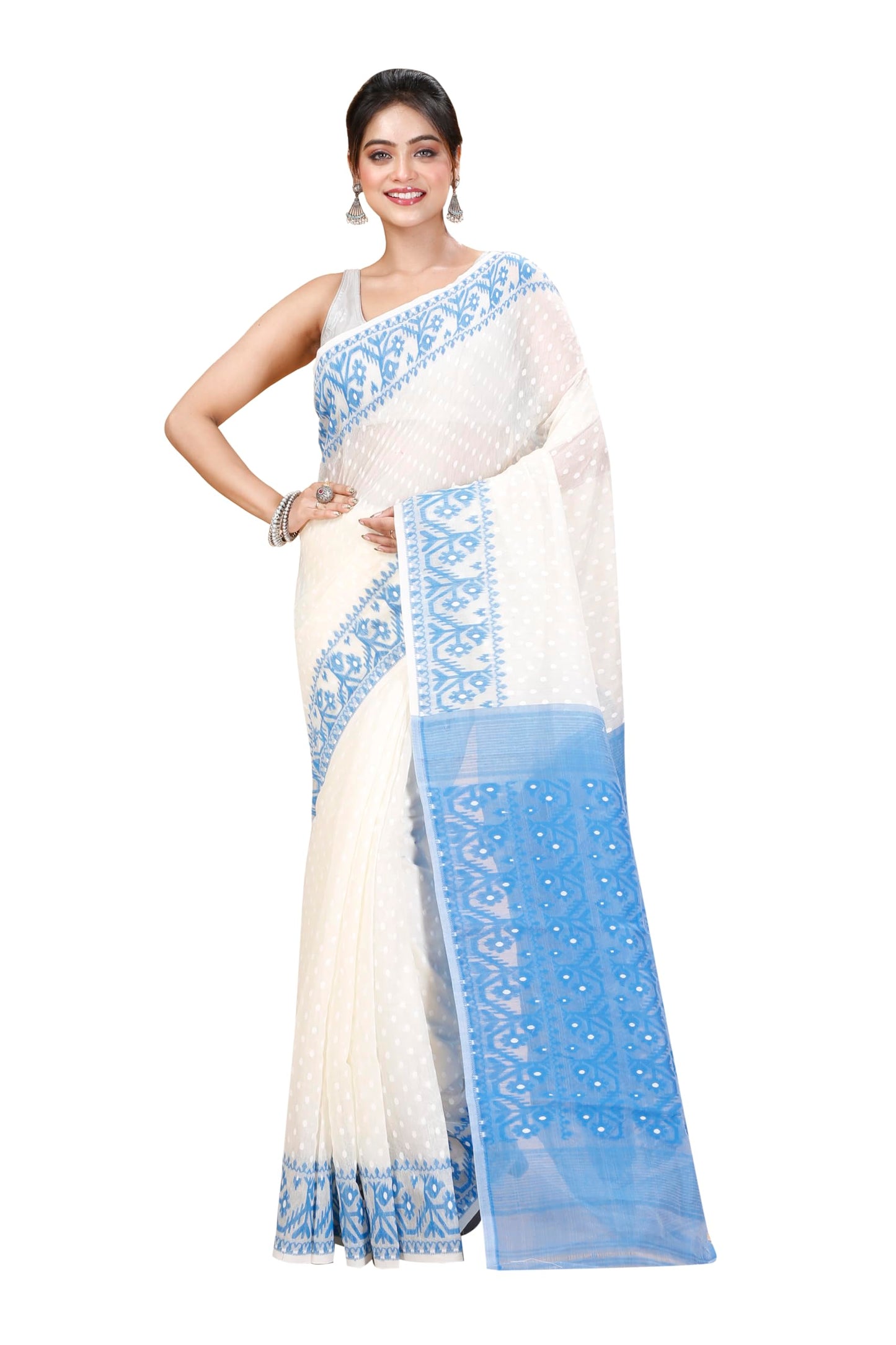 Tant Vastra Women’s Soft Resham Dhakai Ball Work Jamdani Saree without Starch And Without Blouse Piece (Steel) (White-Light Blue)