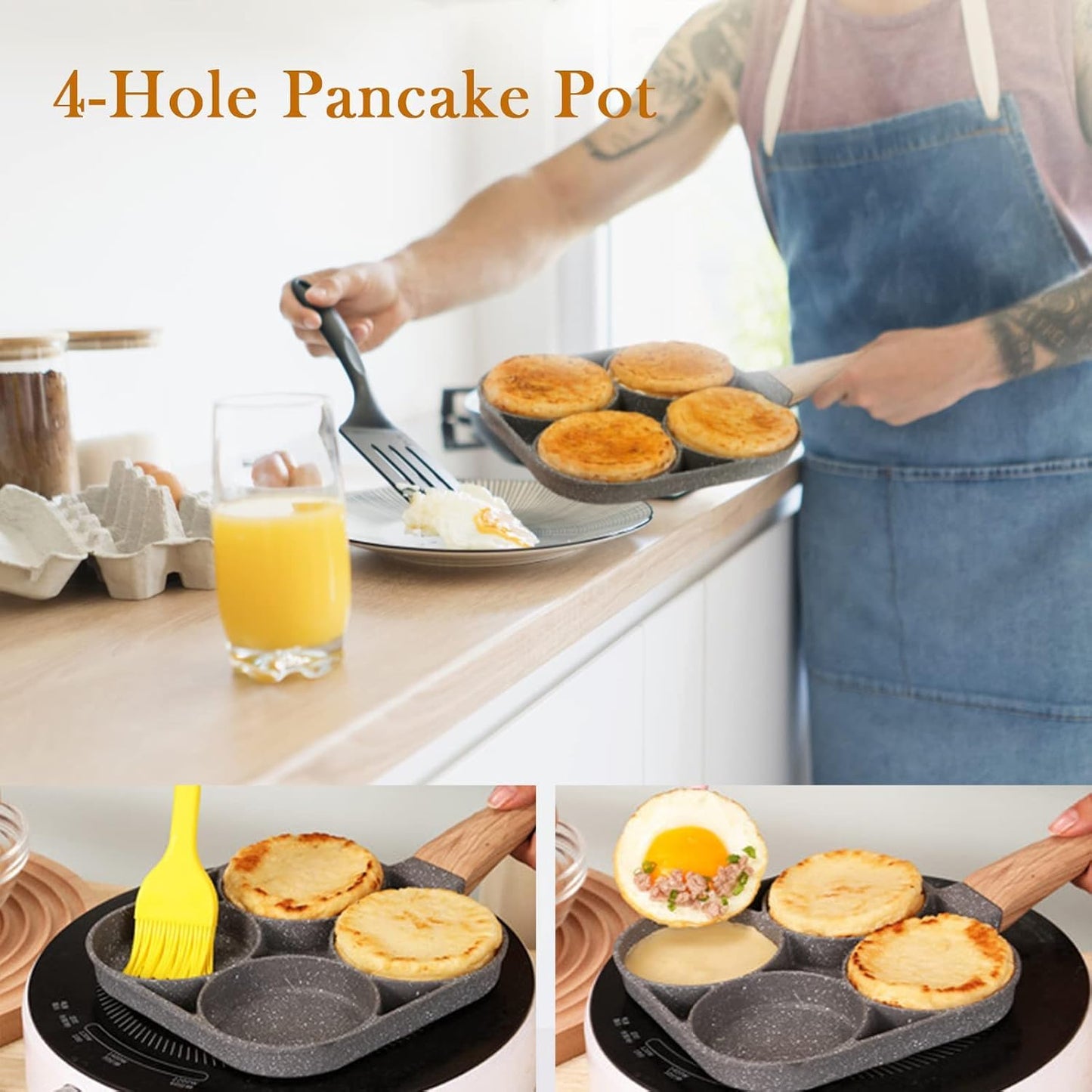 SILENCIO Egg Frying Pan Nonstick Pancake Pans 4-Cups cookware Pancake, Omelette Pan, Idli Non stic plat Harmless with Handle for Electric Stove for Kitchen for Induction Cooker