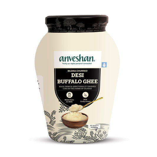 Anveshan A2 Desi Buffalo Ghee 1L | Glass Jar | Bilona Ghee | Grass Fed Buffaloes | Jaffrabadi Buffalo | Gujarat Region | Pure & Natural | Nutritional Powerhouse | Lab-Tested (1L)