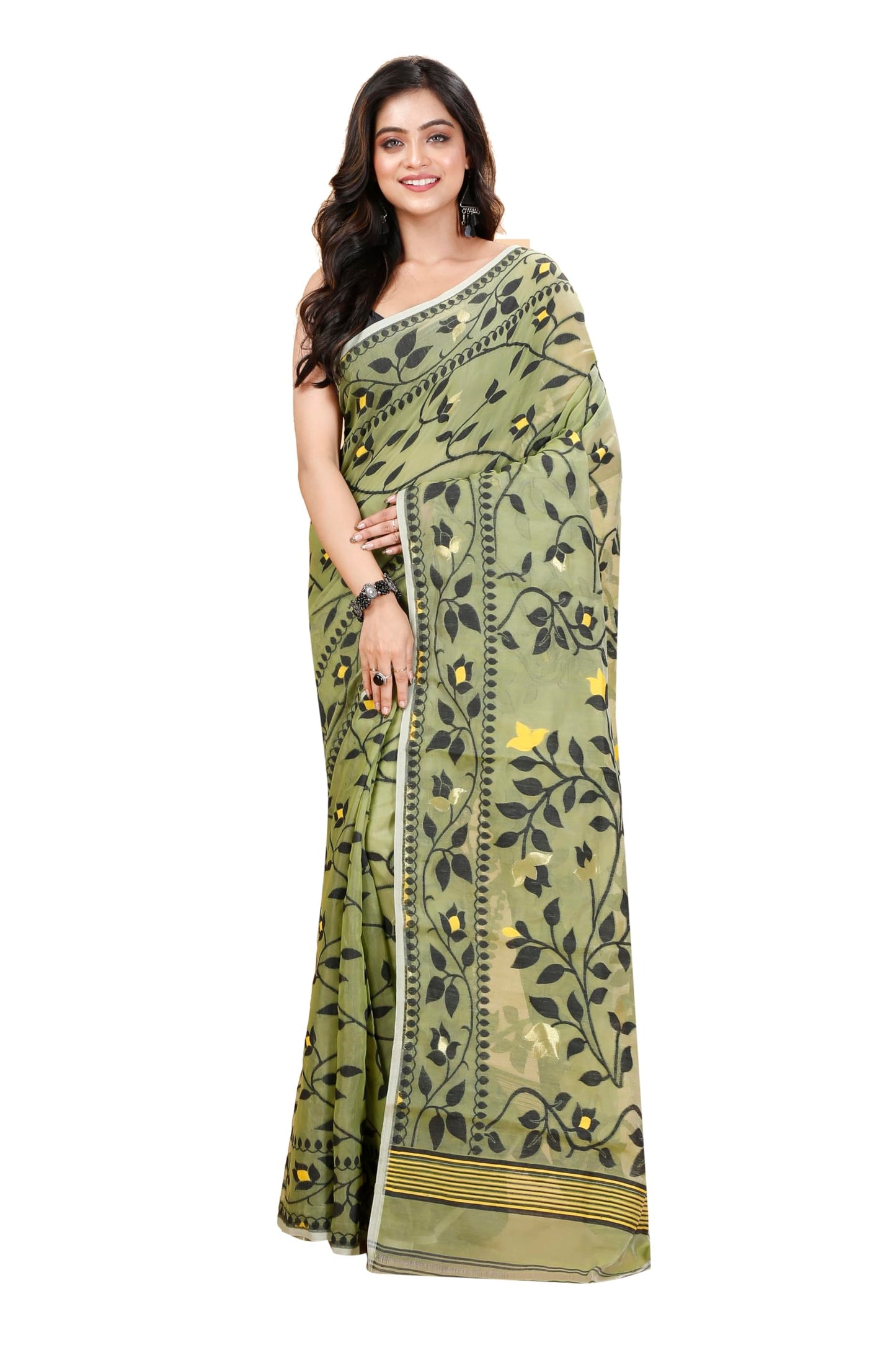 Tant Vastra Women’s Soft Resham Dhakai Lata Jamdani Saree without Starch And Without Blouse Piece (Light Pista)