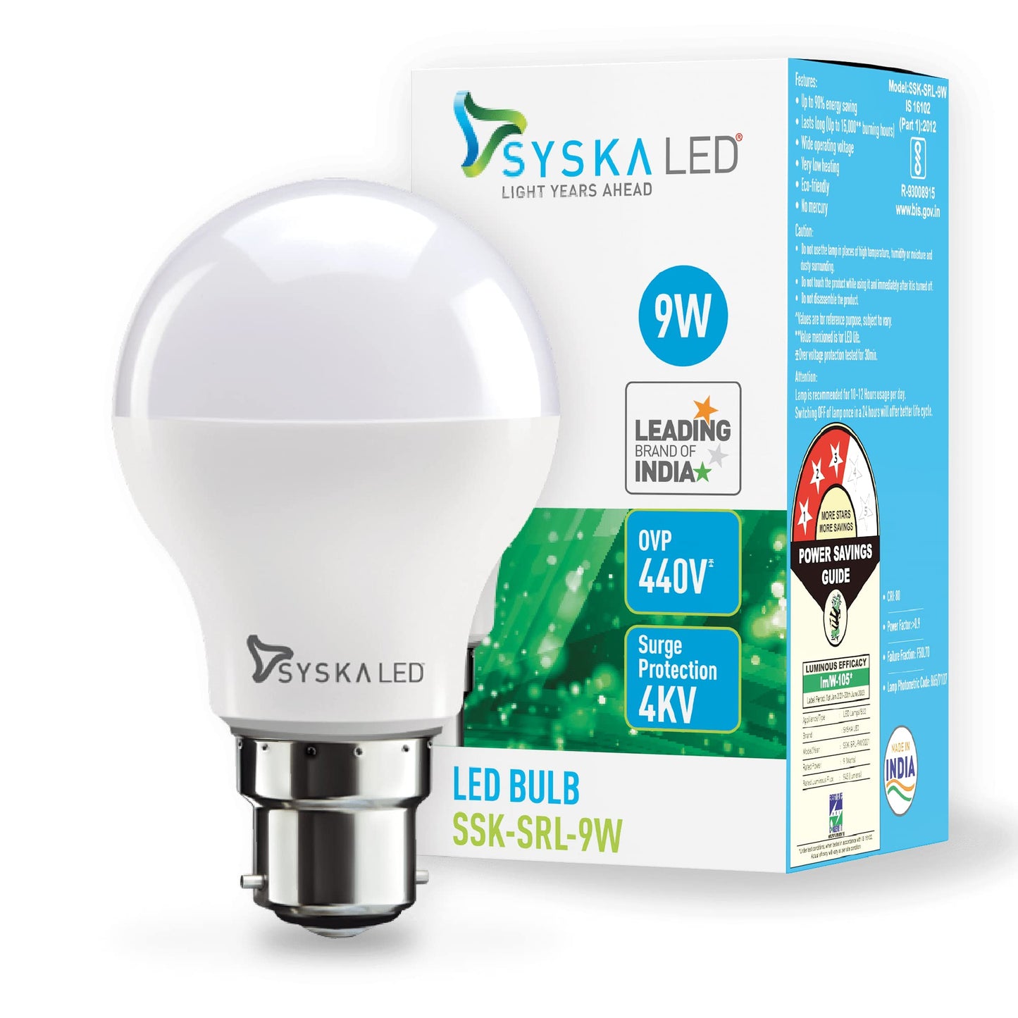 SYSKA Ssk-Srl-9W- Base B22D 9-Watt Led Bulb (Pack Of 6, Cool Day Light)