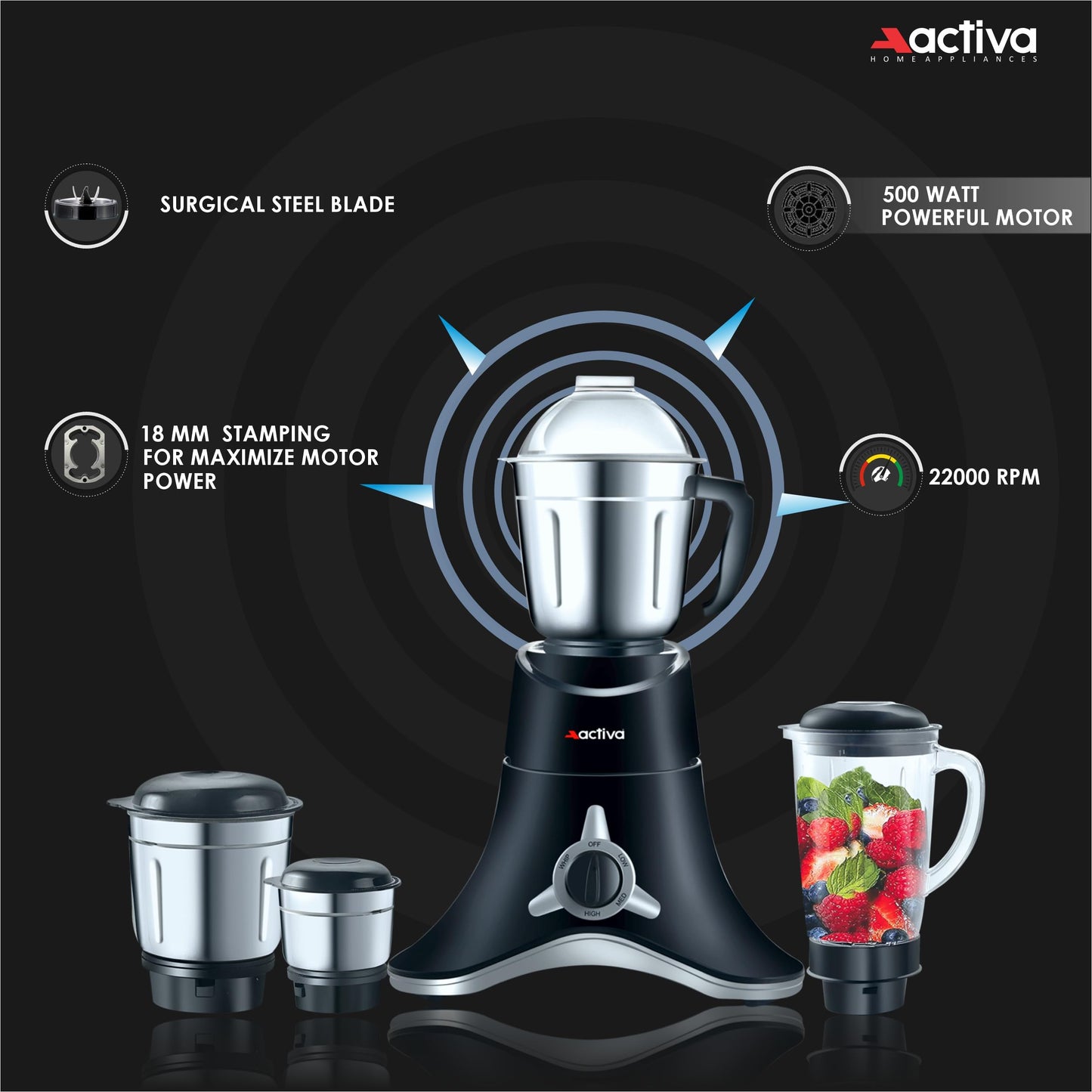 ACTIVA ABS Super Chef 900 Watts Powerful Motor Mixer Grinder With 4 Jars | 2 Years Motor, Black