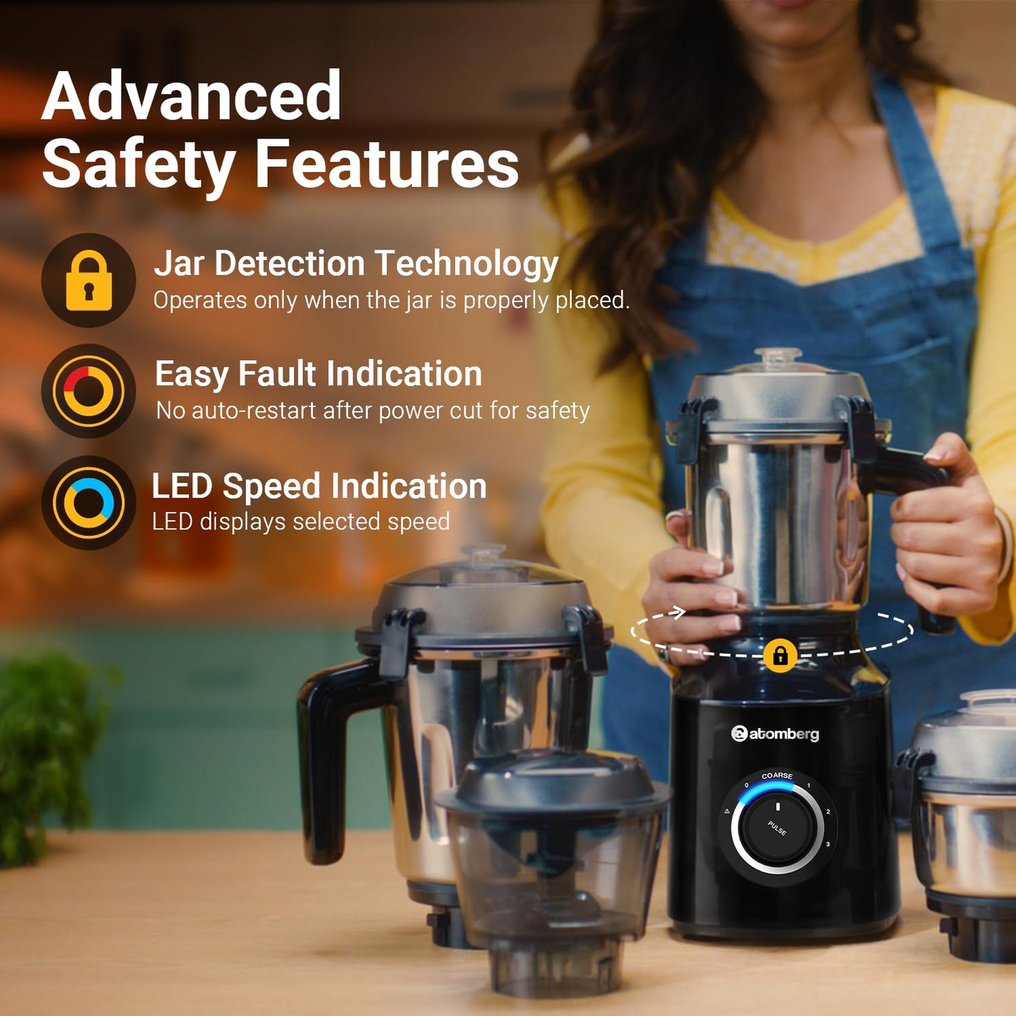 Atomberg Zenova Mixer Grinder with Unique Coarse Mode | Advanced Safety Features | 4 Jars including Chopper Jar with Hands Free Operation (Black)