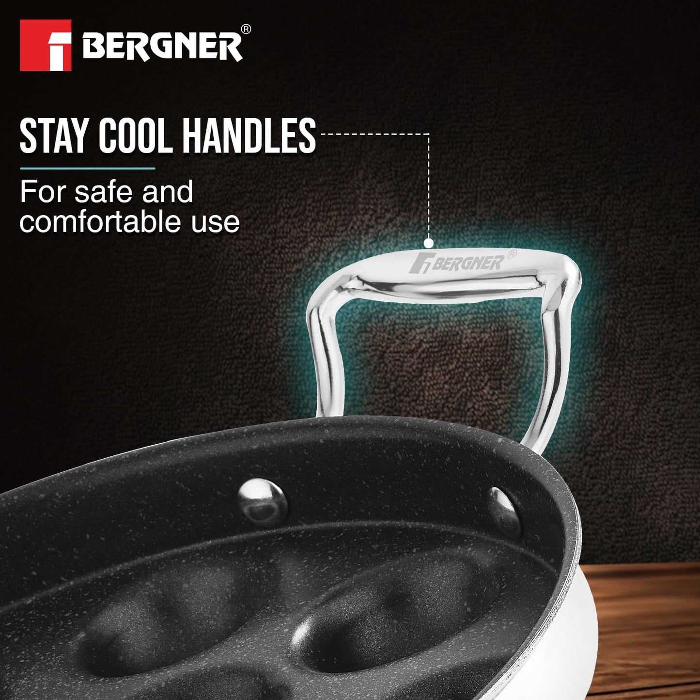 BERGNER Argent Samsara Triply Stainless Steel 11 Pits (25cm) Round Paniyarakkal with Glass Lid, Paniyaram with Quantanium Non-Stick Coating, Consumes Less Oil, Healthy Cooking - Induction Compatible