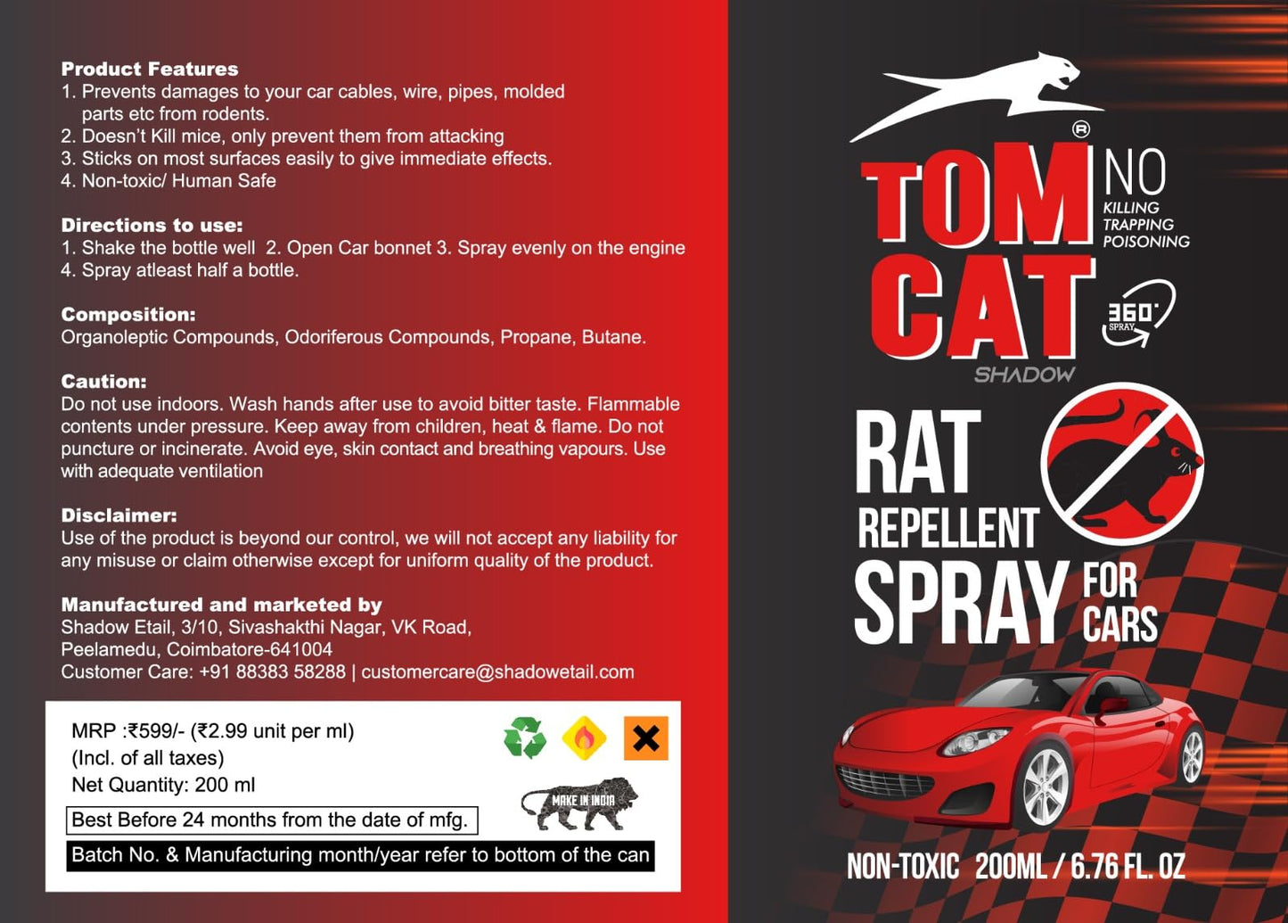 Shadow Securitronics Tom CAT No Entry Rat Repellent Spray for Cars Highly Effective with and Lasts 1 Year Leak Free Easy to Spray Nozzle 1st time in India (1)