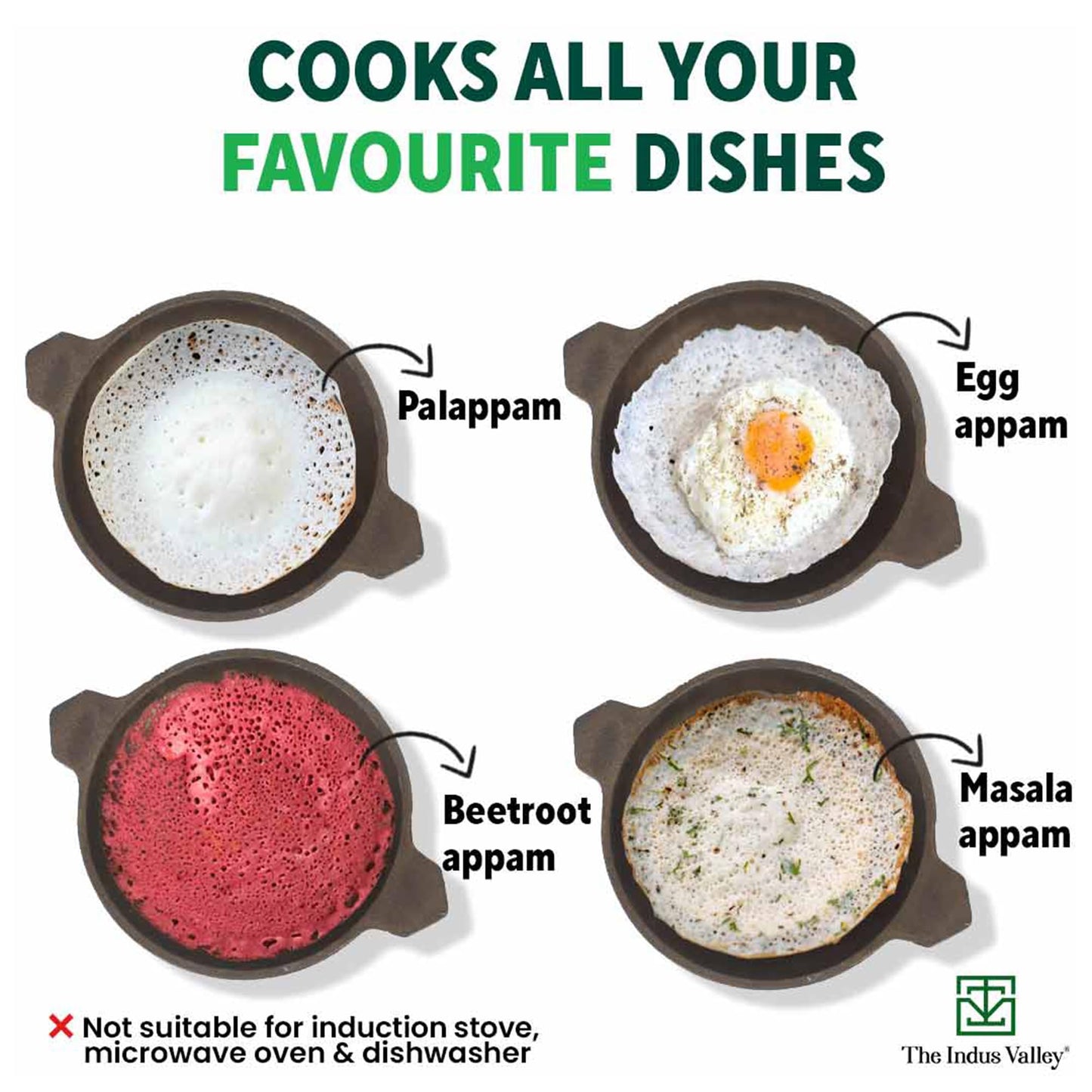 The Indus Valley Pre-Seasoned Cast Iron Appam Pan/Appachatty/Chetty Pan/Appam Patra with Glass Lid | 22 Cm/8.7 Inch, 1.5Kg | Gas Compatible | Nonstick Appam Pan, 100% Pure & Toxin-Free