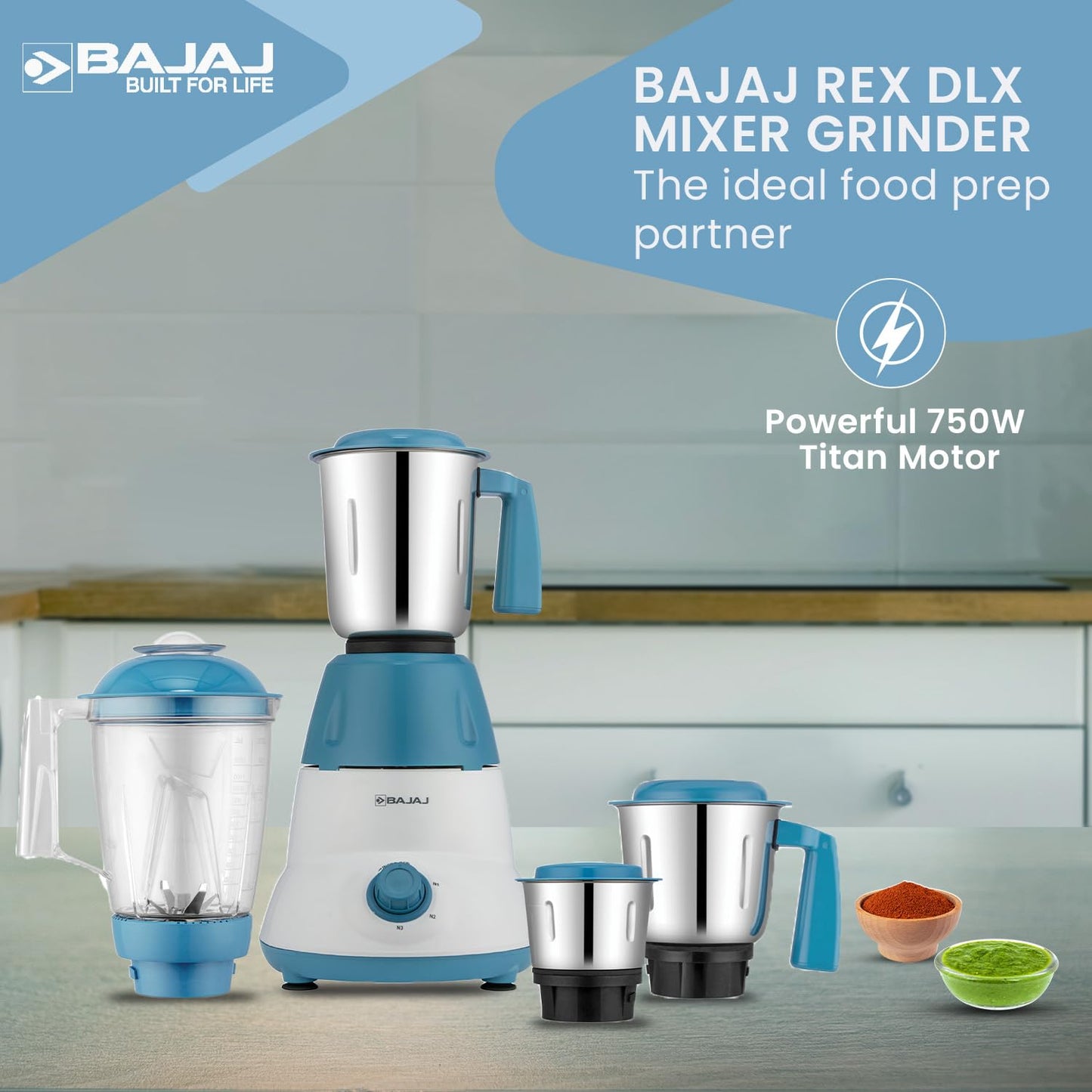 Bajaj Rex Dlx Mixer Grinder 750 Watts Mixie For Kitchen With Nutri-Pro Feature|4 Stainless Steel Mixer Jars|Multifunctional Blade Dry & Wet Grinding Overload Protector|1-Yr Warranty|White/Blue