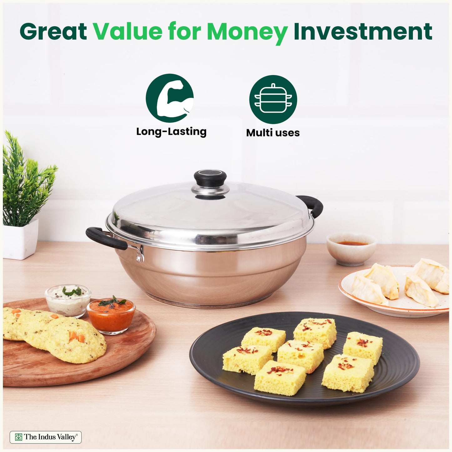 The Indus Valley Stainless Steel Idli Maker/Momo Maker/Multi Kadai/Steamer Set | Large, 5 Plates, 2 Idli | 2 Dhokla | 1 Steamer | 29cm/11.3 inch, 4.2Ltr, 2.5kg | 3-Layer Thick Bottom | Induction friendly