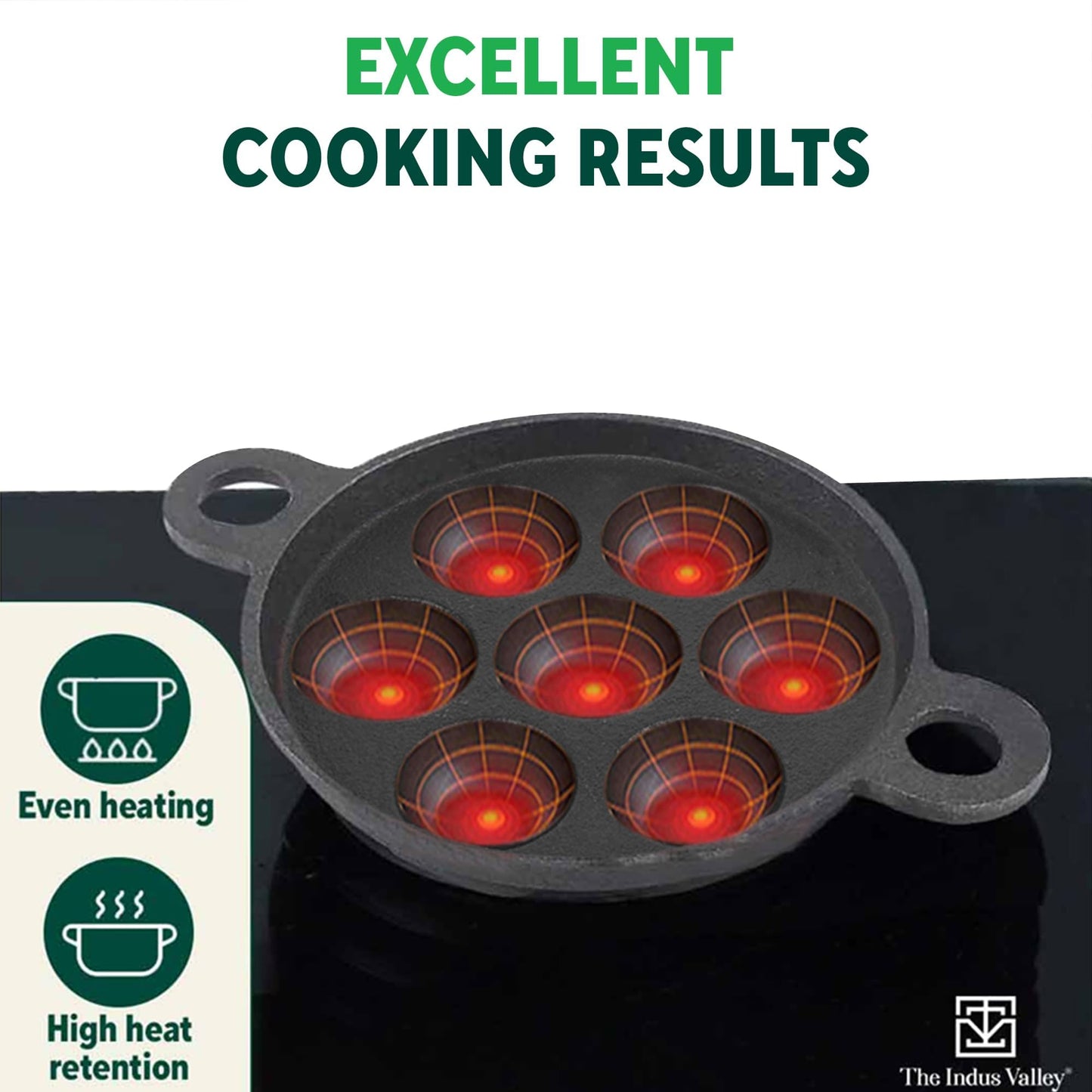 The Indus Valley Super Smooth Cast Iron Paniyaram Pan | 7Pit, 19Cm/7.4 Inch, 2.2Kg | Induction Friendly | Nonstick, Pre-Seasoned Appe/Paddu Pan, 100% Pure & Toxin-Free, No Chemical Coating - Black