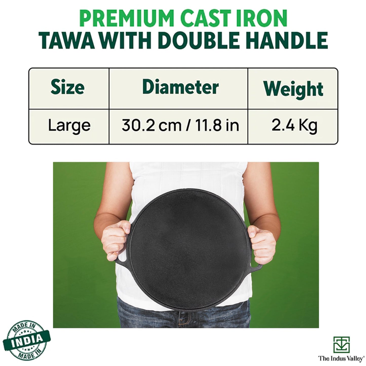 The Indus Valley Pre-Seasoned Cast Iron Tawa for Dosa/Chapathi | 30.2cm/11.8 inch, 2.4kg | Induction Friendly | Nonstick, Pre-Seasoned Tawa, 100% Pure & Toxin-Free, No Chemical Coating, Black