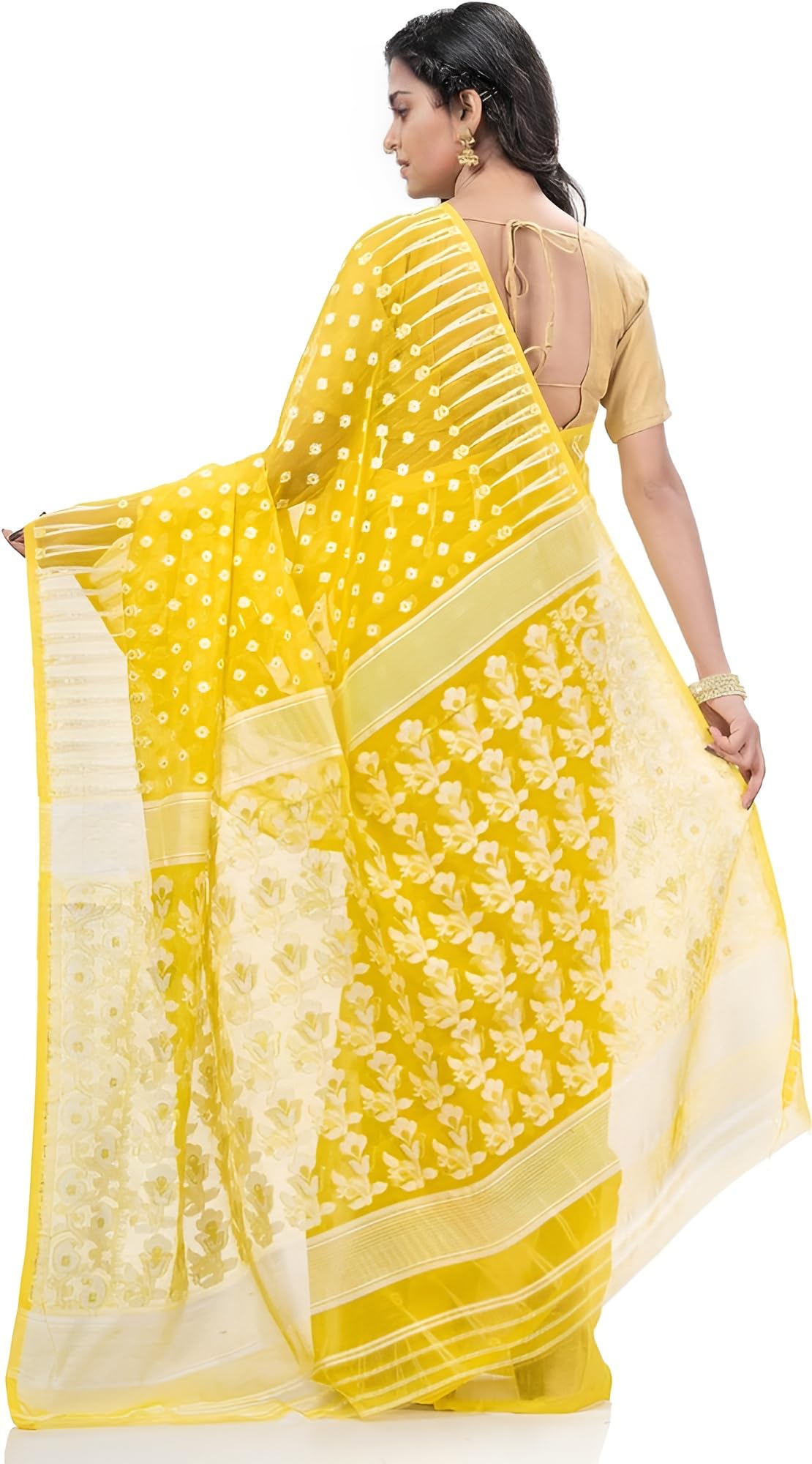 AS Aishwarya Sarees Cotton Silk Women's Bengal Special Soft Dhakai Jamdani Saree For Women With Blouse Piece (Yellow)