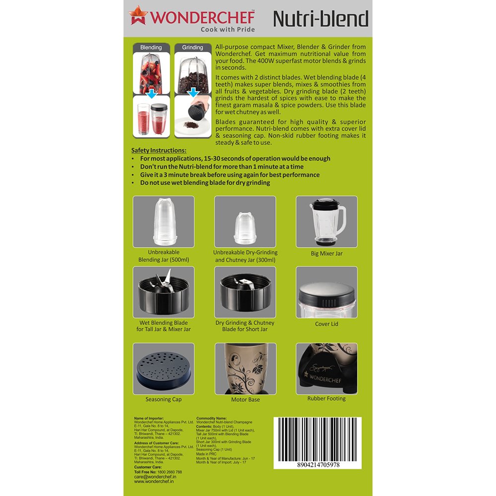 Wonderchef Nutri-Blend 63152294 400-Watt Mixer with 3 Jars (Champagne/Black)