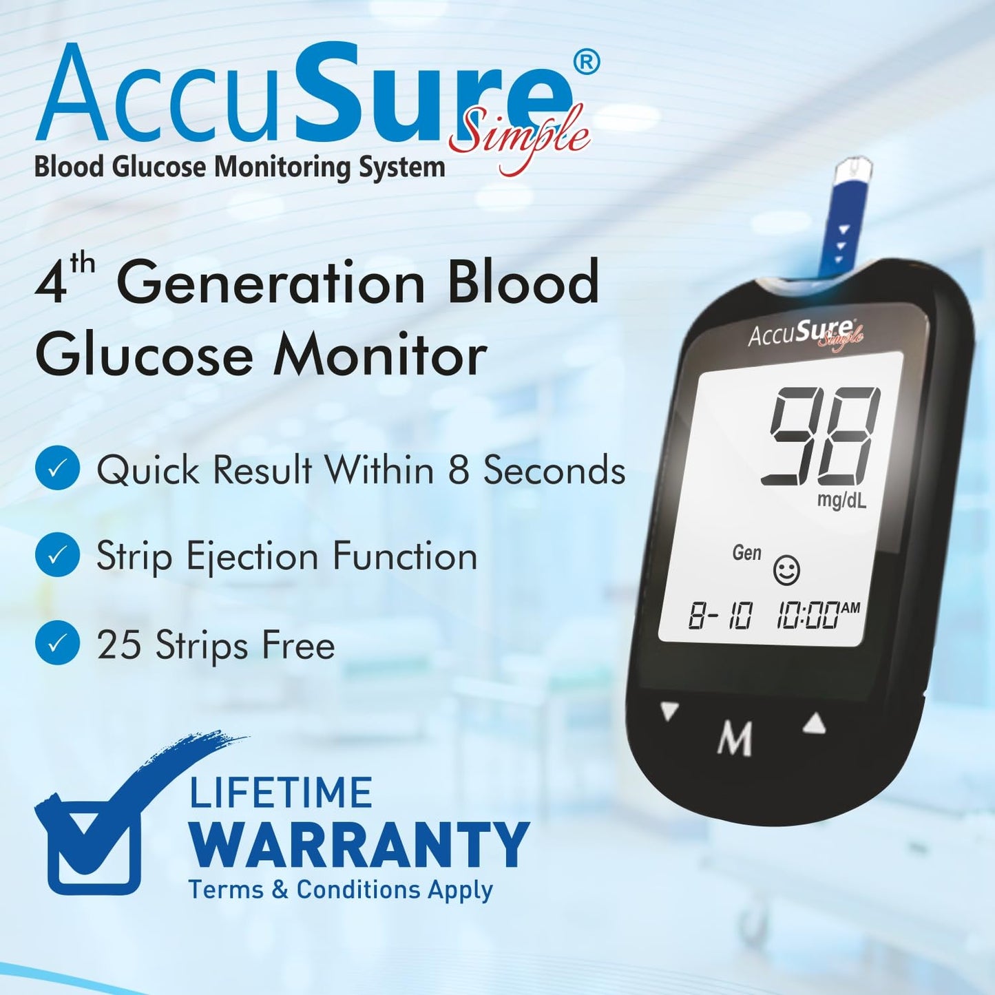 AccuSure Instant Digital Simple Glucometer Kit |with 25 Strips,10 Lancet,1 Lancing device for Accurate Blood Glucose Sugar Testing Machine
