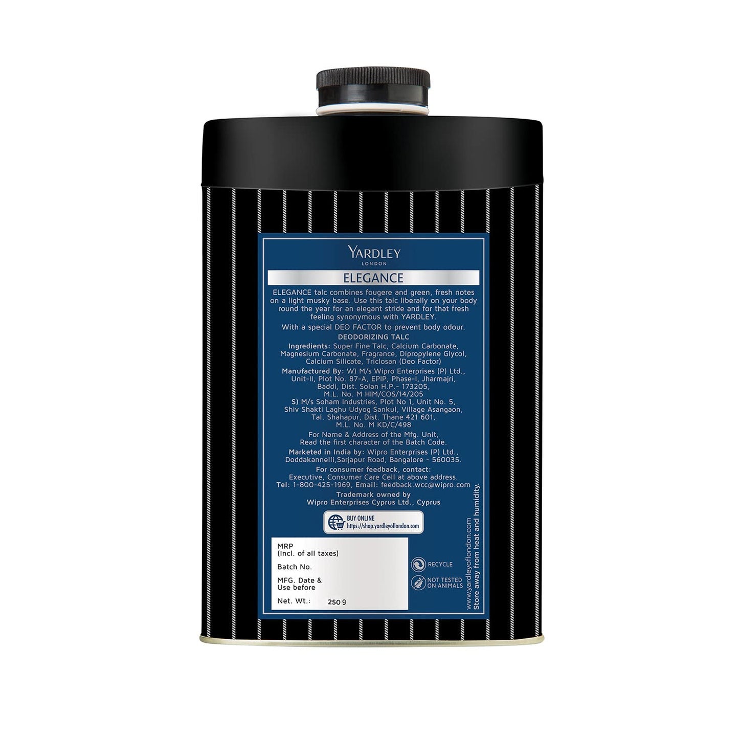 4x Yardley London Elegance Deodorizing Talc| Fougere Aromatic Woody Fragrance| Masculine Fragrance| Body Talc for Men| 250g - Pack of 4