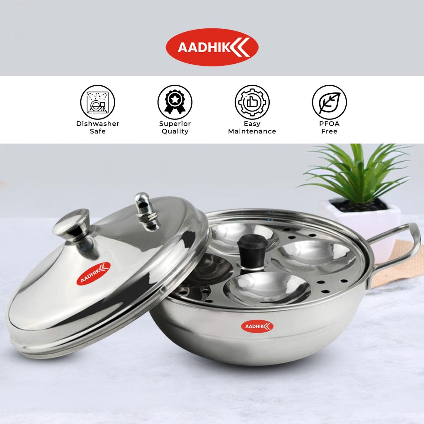Aadhik Stainless Steel Multi Purpose Kadai with Steel Lid, Idli Maker 2 Idli Plate 8 Cavity Idli Cooker Stainless Steel Idly Pot with Steamer, Silver