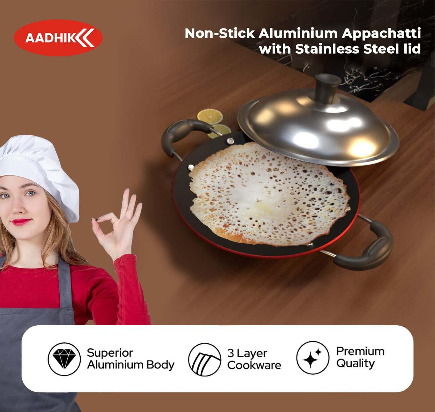 AADHIK Non-Stick Appa Chetty, Aluminium Appachatty, 23cm Diameter, 2.6mm Appachatti, Gas Compatible, Red