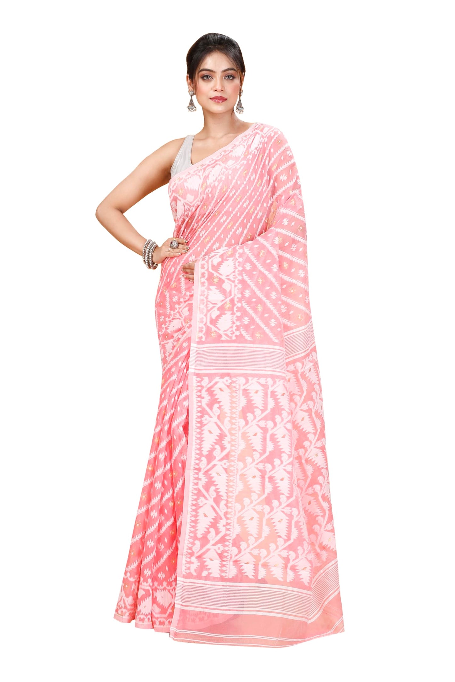 Tant Vastra Women’s Soft Resham Dhakai Karat Jamdani Saree without Starch And Without Blouse Piece (Peach)