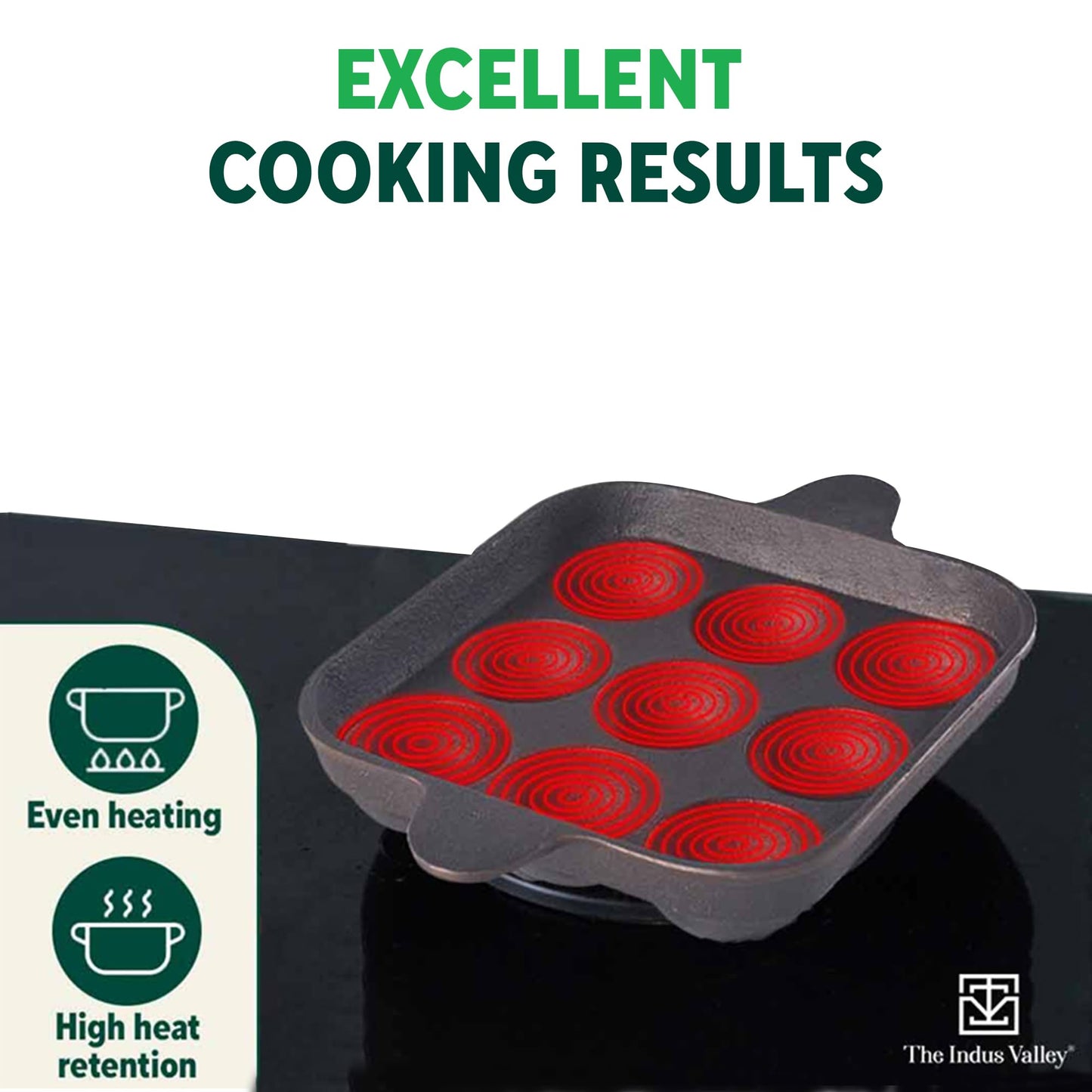 The Indus Valley Pre-Seasoned Cast Iron Square Paniyaram Pan | 9pit, 24cm/9.4inch, 1.3kg | Naturally Nonstick Appe/Paddu Pan, 100% Pure & Toxin-Free, No Chemical Coating, Black