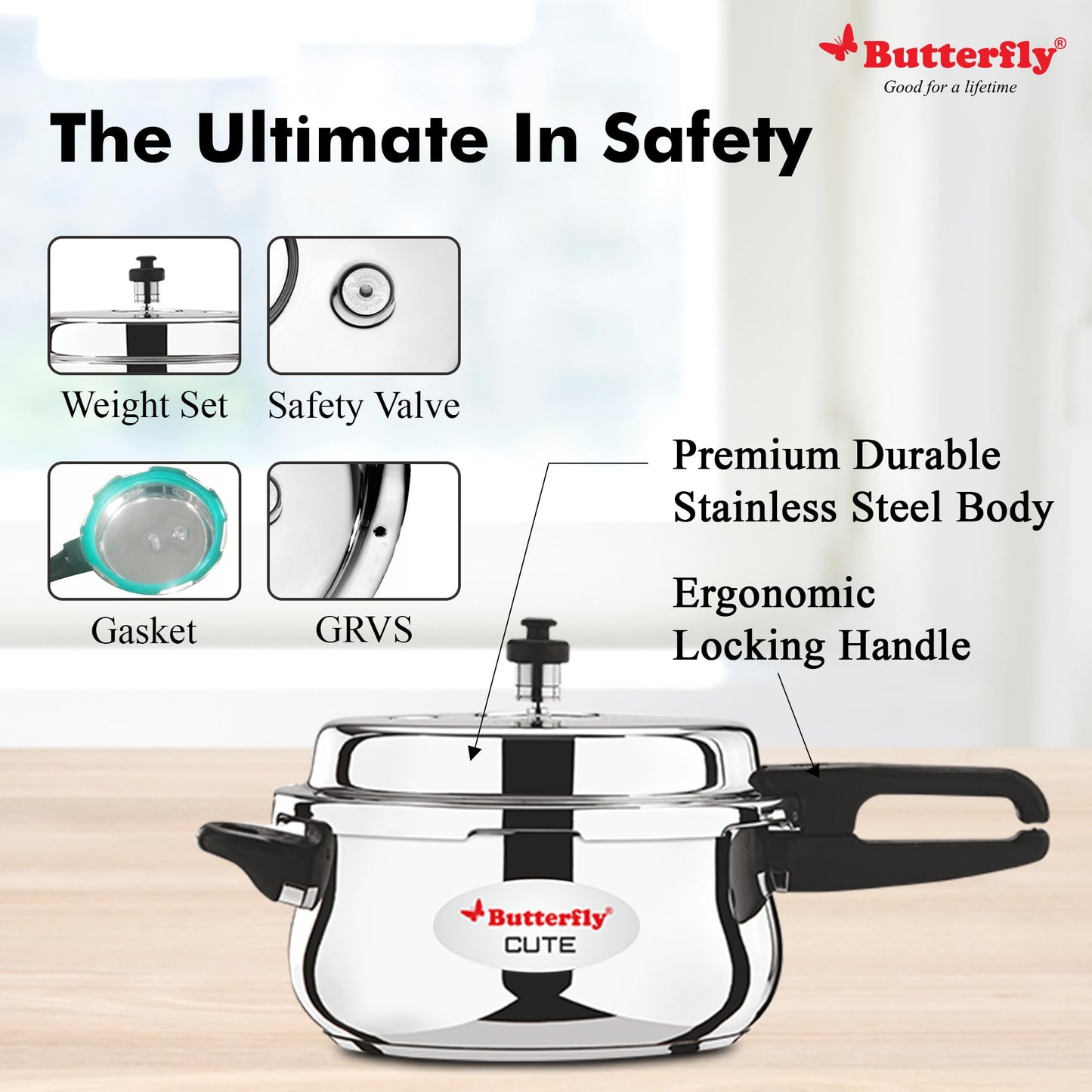 Butterfly Cute Ss Induction Compatible Outer Lid Stainless Steel Pressure Cooker With Glass Lid 3 liter, Silver