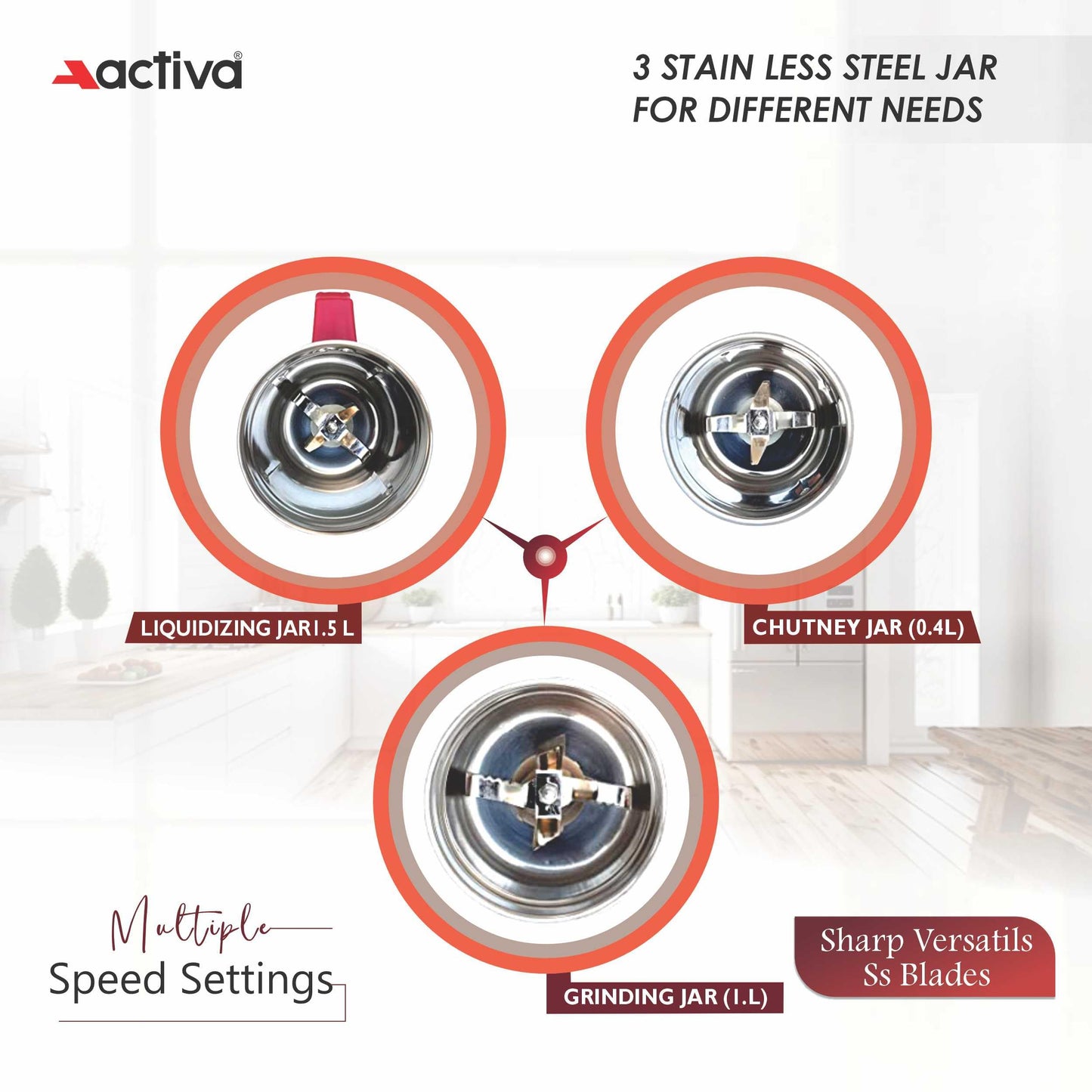 Activa Pluto Combo 500 Watt 3 Jar Mixer Grinder With Electric Dry Iron Come With 2 Year Warranty - Multicolor