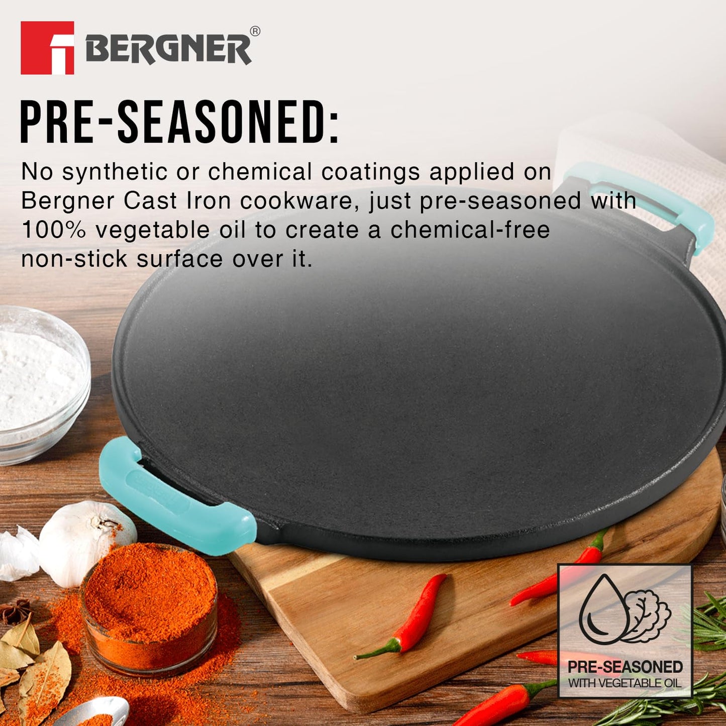 Bergner Eco Cast Iron 30cm Dosa Tawa, Pre-Seasoned, Large Loha Tawa for Dosa, Even Heat Distributor, Retains Heat to Enhance Flavor, Comes with Silicone Sleeve - Induction Base and Gas Stove Ready