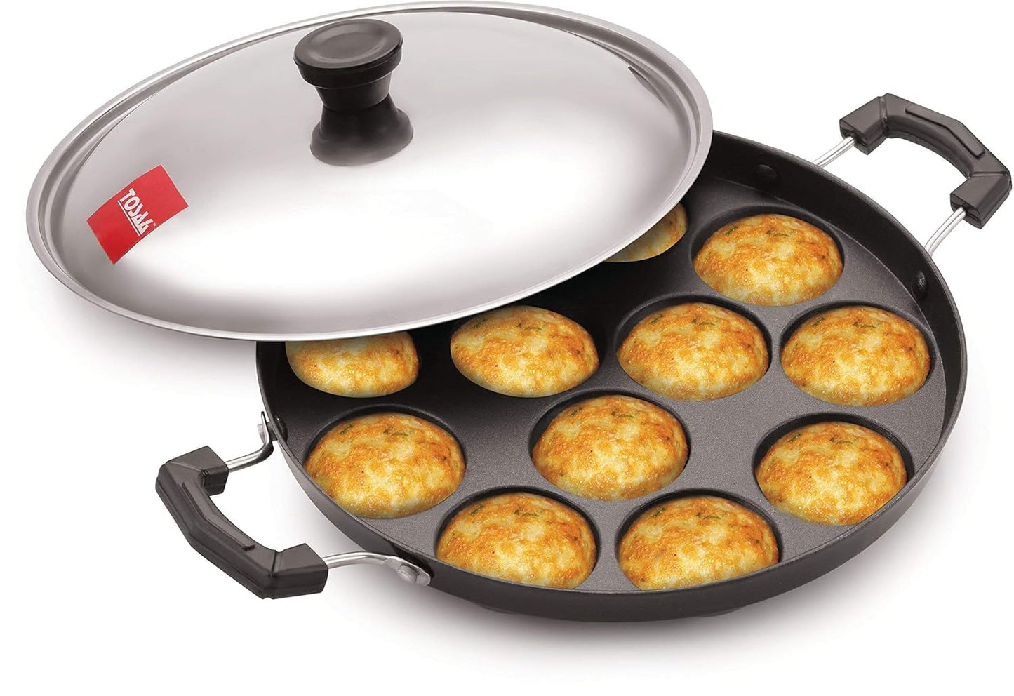 Tosaa Non-Stick 12 Cavity Appam Patra Side Handle with lid, Color May Vary