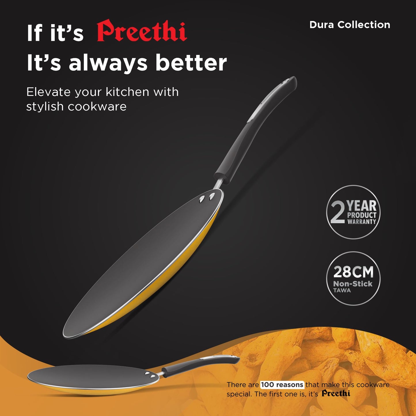 ‎Preethi Dura Collection Non Stick Concave Tawa, 28 cm, Gas & Induction Compatible, 5 Star Non Stick Effect, Turmeric Yellow
