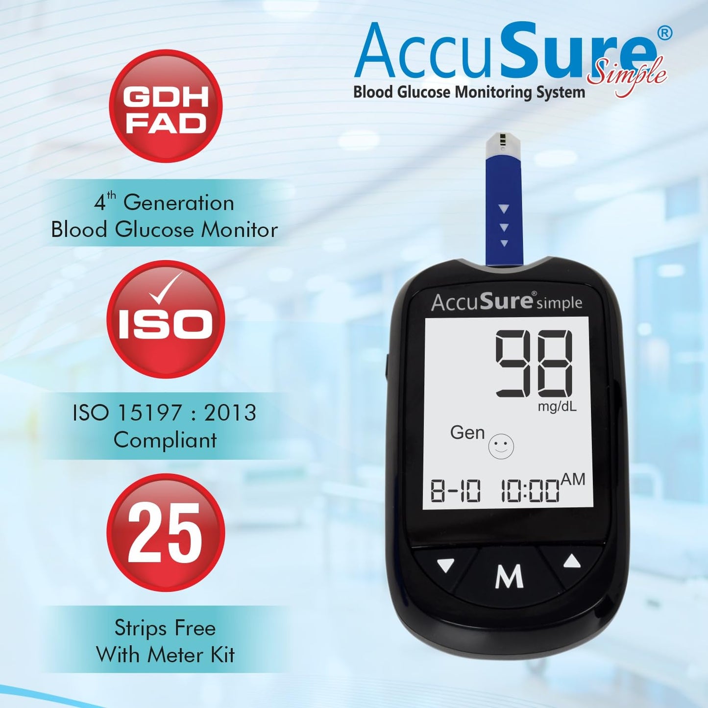 AccuSure Instant Digital Simple Glucometer Kit |with 25 Strips,10 Lancet,1 Lancing device for Accurate Blood Glucose Sugar Testing Machine