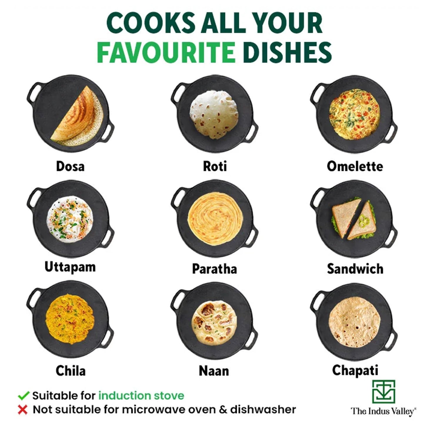 The Indus Valley Pre-Seasoned Cast Iron Tawa for Dosa/Chapathi | 30.2cm/11.8 inch, 2.4kg | Induction Friendly | Nonstick, Pre-Seasoned Tawa, 100% Pure & Toxin-Free, No Chemical Coating, Black